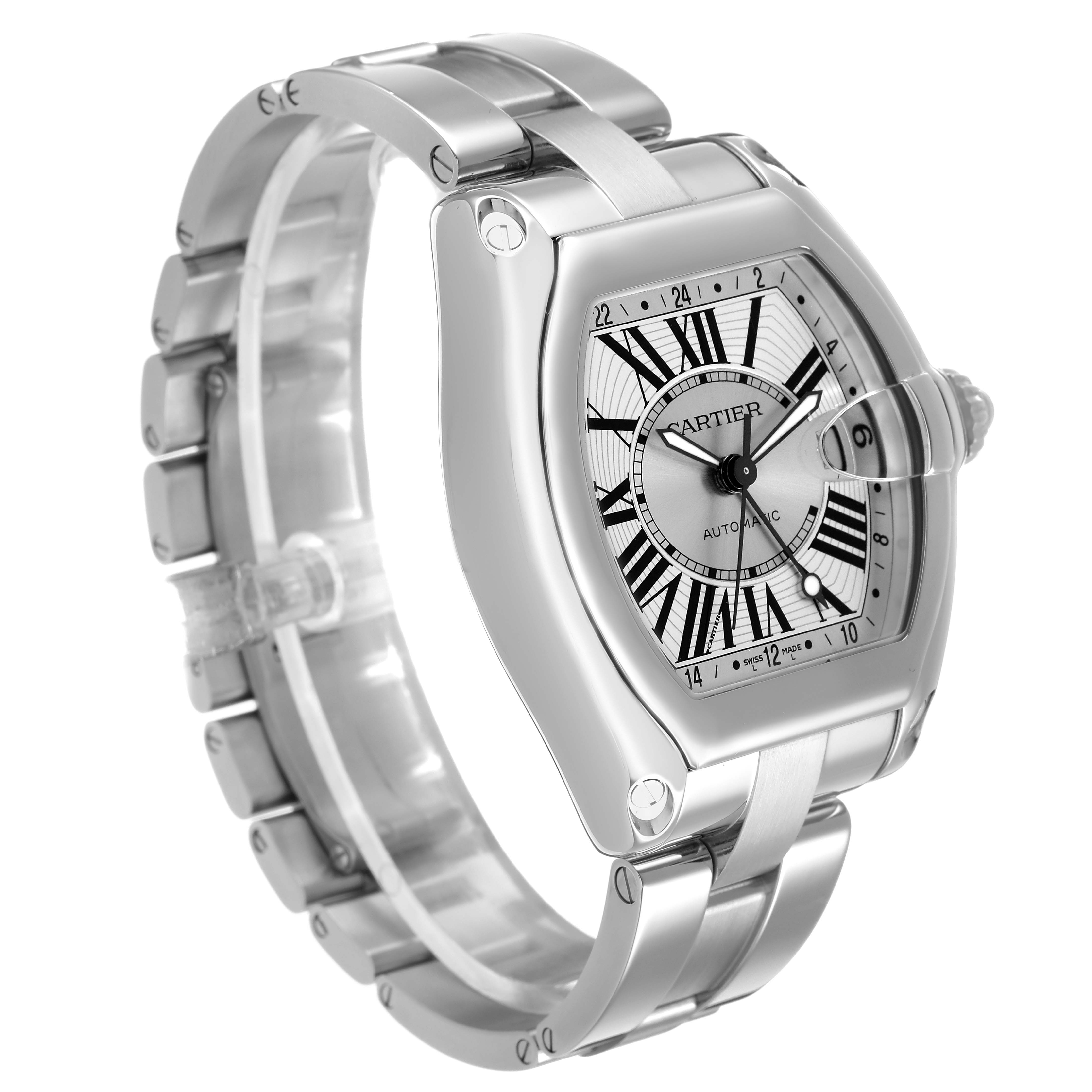 The Cartier Roadster W62032X6 Men's Stainless Steel Silver Dial watch is shown at an angle displaying the face, bezel, and part of the metal bracelet.
