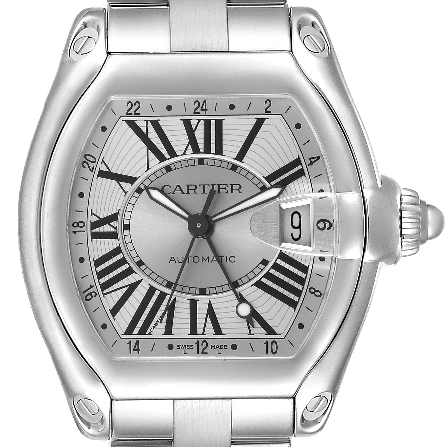 The Cartier Roadster W62032X6 Men's Stainless Steel Silver Dial watch is shown from a front angle, highlighting the face, hands, date window, and bracelet connection.