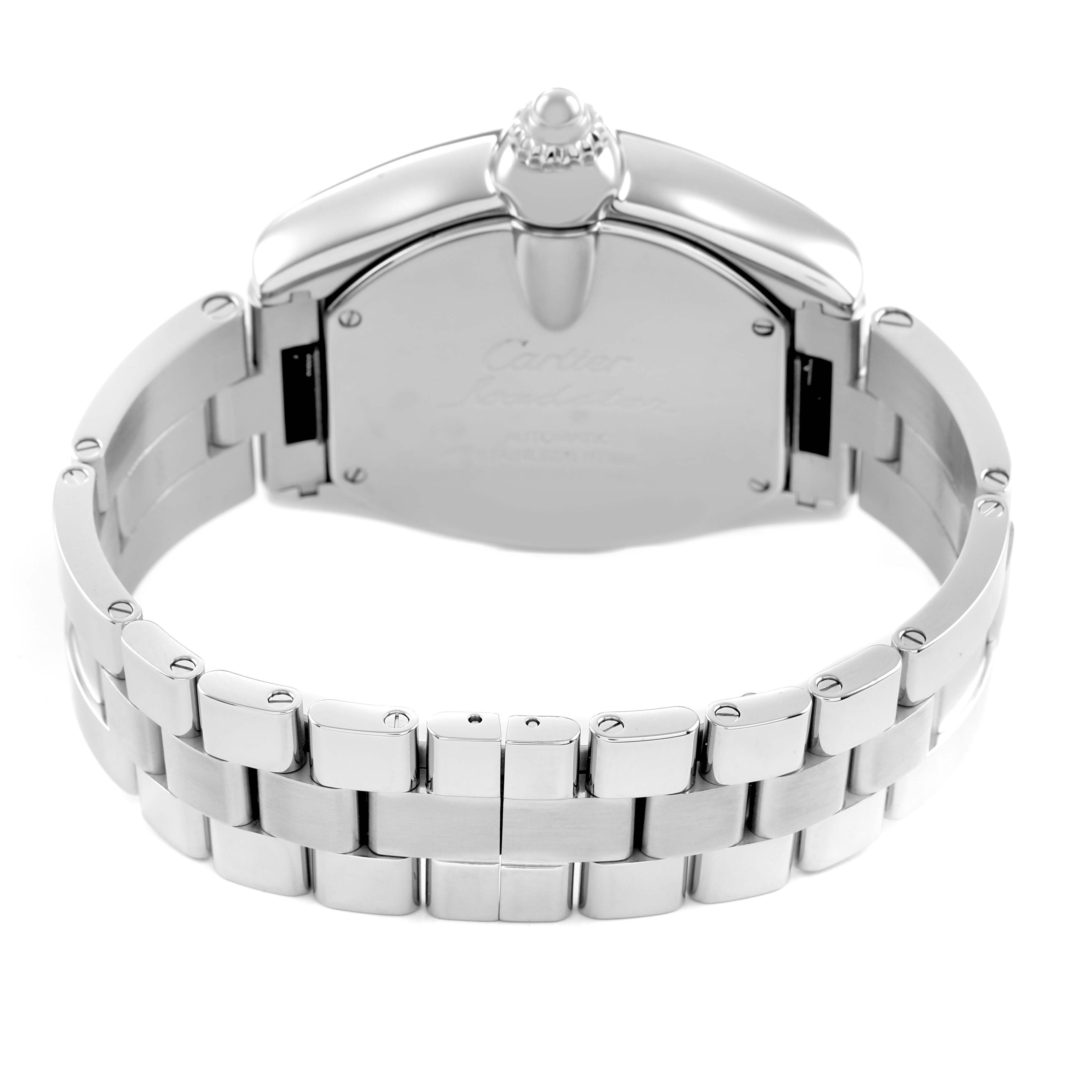 The Cartier Roadster W62032X6 Men's Stainless Steel Silver Dial watch is shown from the back at an angle displaying its bracelet and case back.