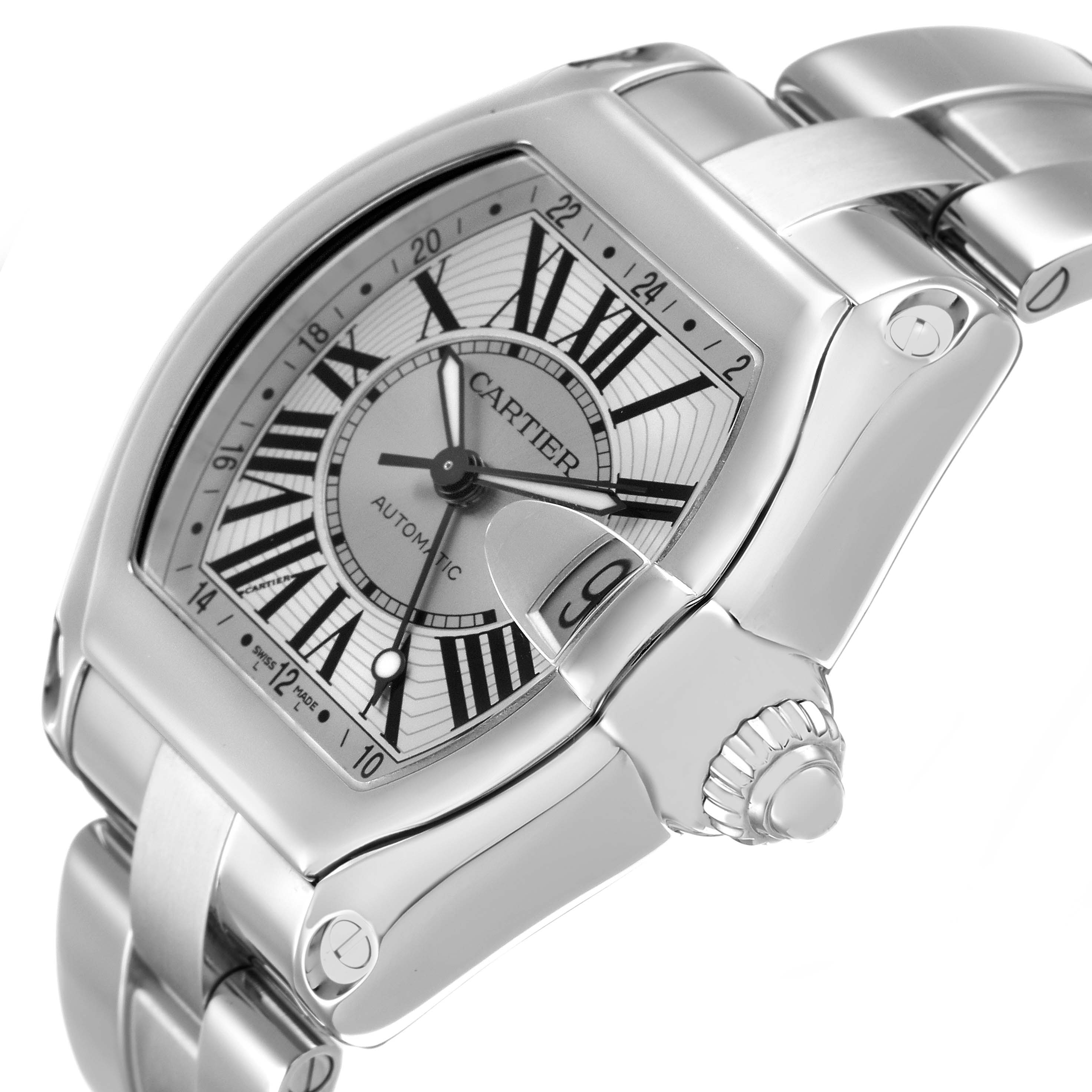The Cartier Roadster W62032X6 Men's Stainless Steel Silver Dial watch is shown at an angled view, highlighting the dial, bezel, crown, and bracelet.