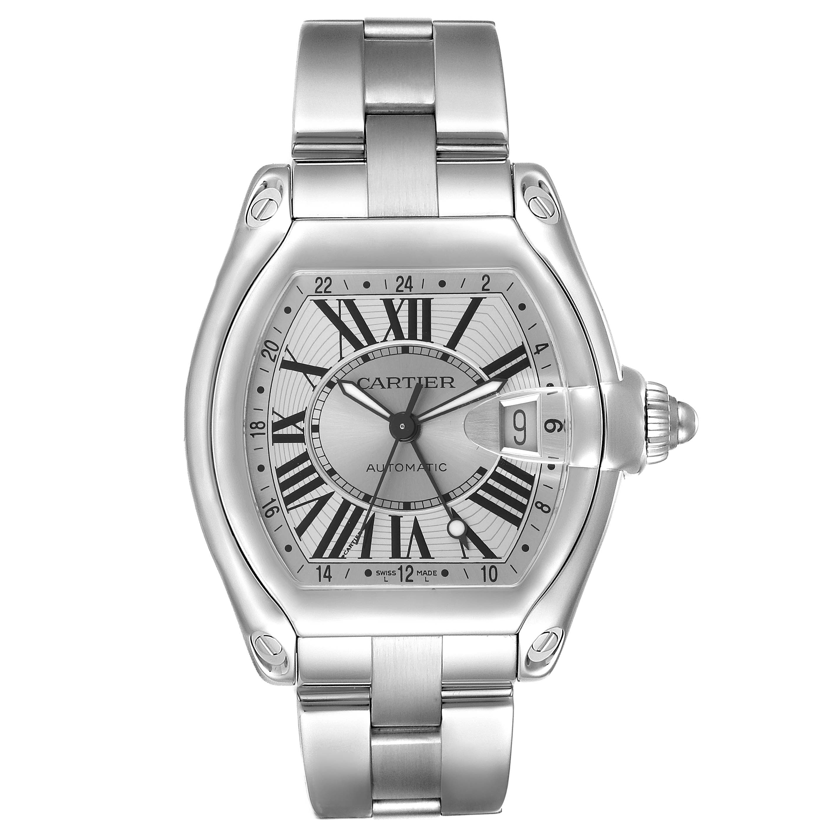 The Cartier Roadster W62032X6 Men's Stainless Steel Silver Dial watch is shown from a front view, highlighting its dial, case, bracelet, and distinctive date magnifier.