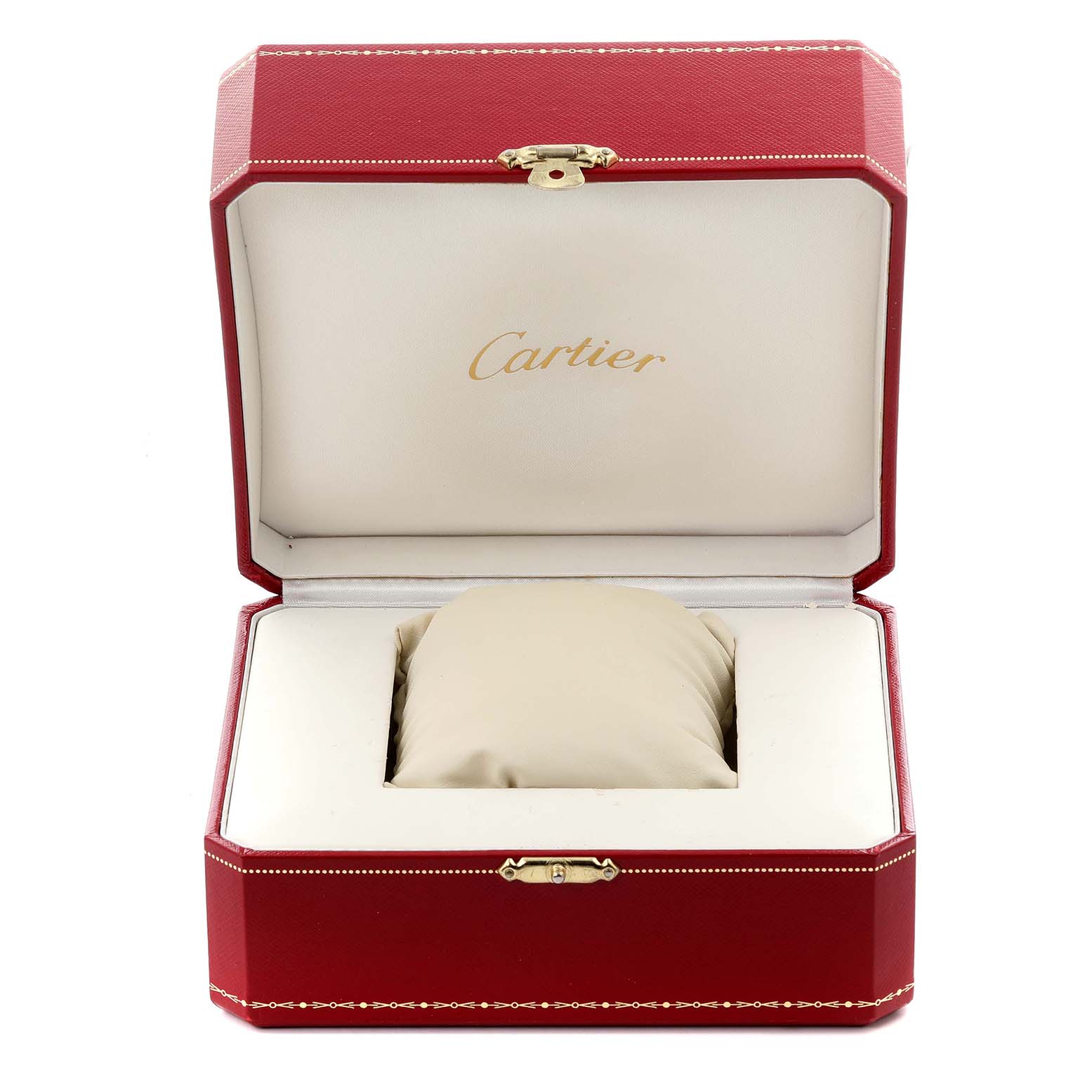 The image shows an open Cartier watch box for the Roadster model, viewed from the front.