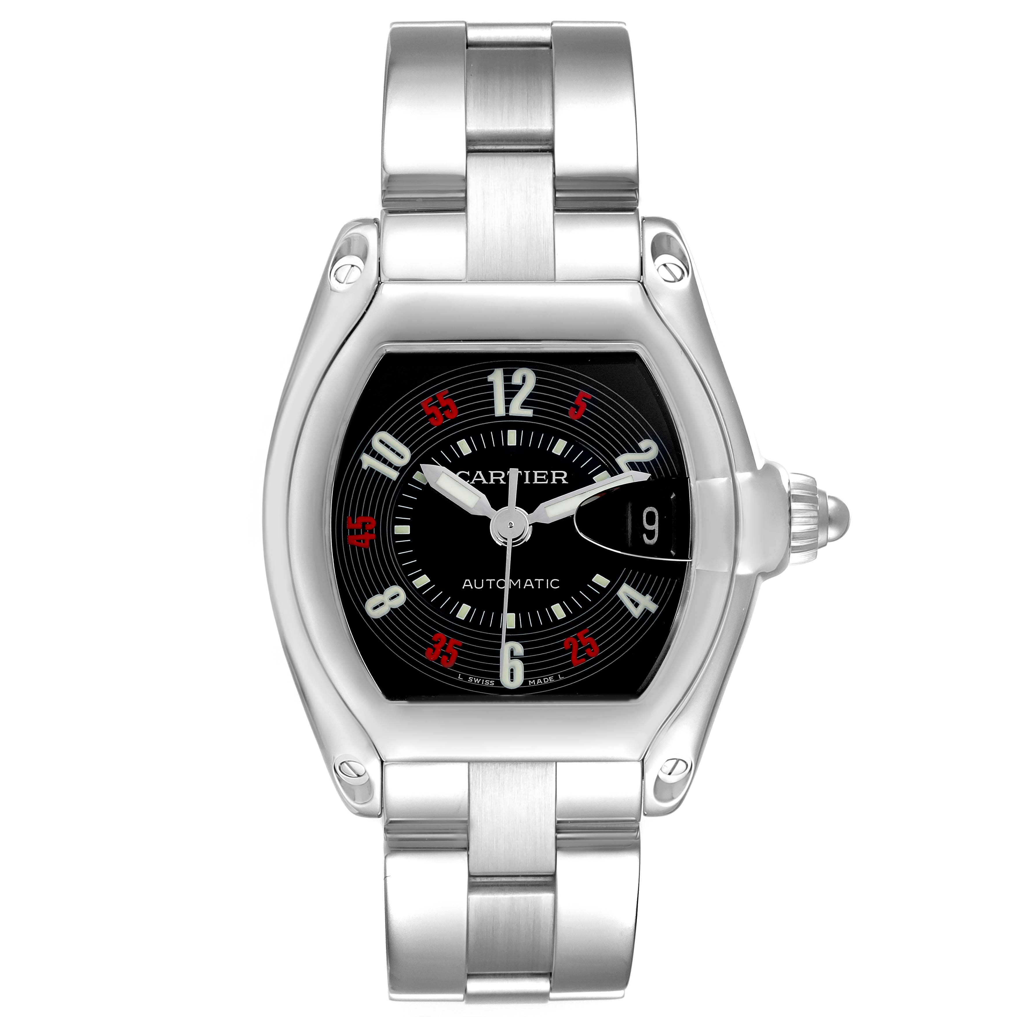 The Cartier Roadster W62002V3 Men's Stainless Steel Black Dial W62002V3 Men's Stainless Steel Black Dial watch is shown from a top-down angle, displaying its face, case, crown, and bracelet.