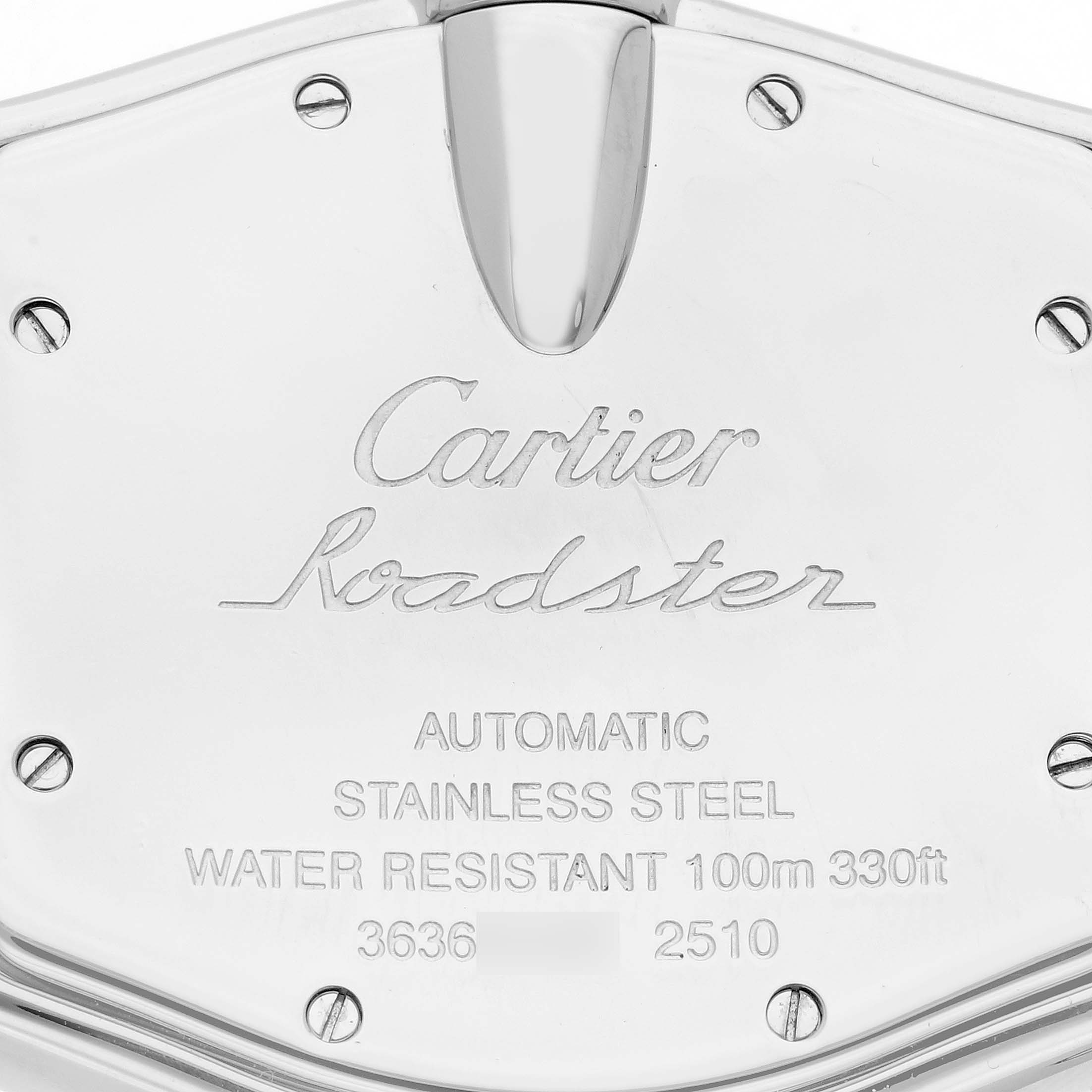 The image shows the back case of the Cartier Roadster W62002V3 Men's Stainless Steel Black Dial W62002V3 Men's Stainless Steel Black Dial watch with engraved details, including model specifications.