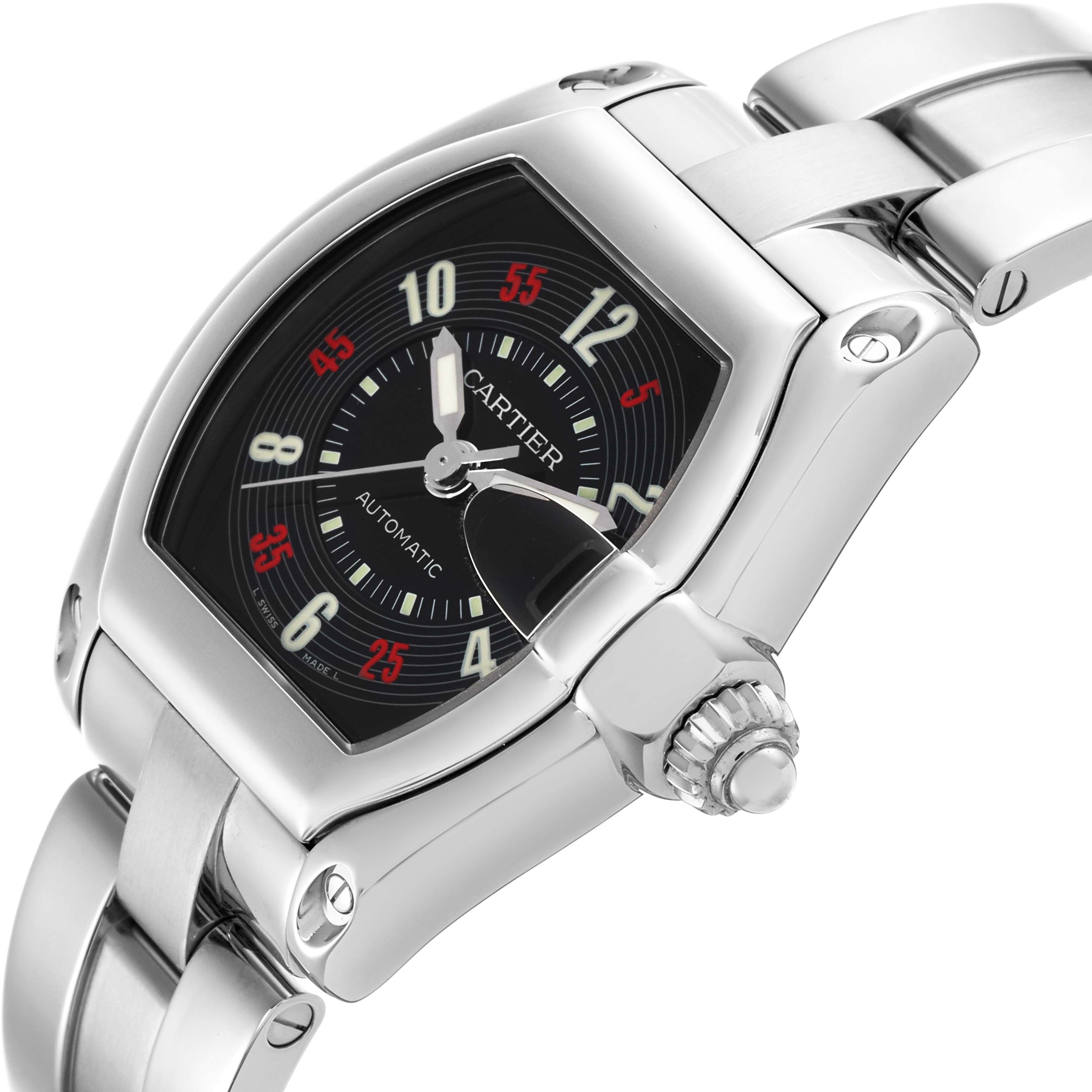 The Cartier Roadster W62002V3 Men's Stainless Steel Black Dial W62002V3 Men's Stainless Steel Black Dial watch is shown at a tilted angle, highlighting the face, bezel, and crown.