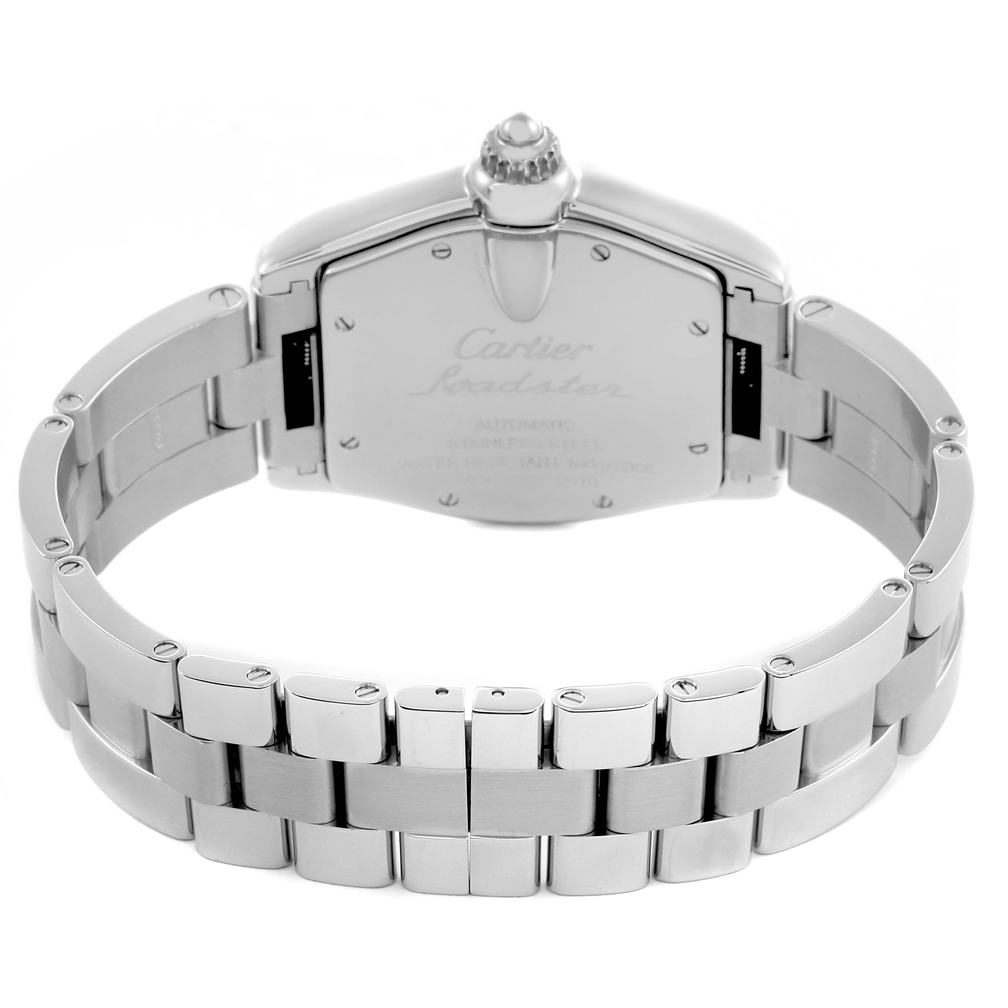 The image shows the back of a Cartier Roadster W62002V3 Men's Stainless Steel Black Dial W62002V3 Men's Stainless Steel Black Dial watch, highlighting the case back, crown, and metal bracelet in a rear view.