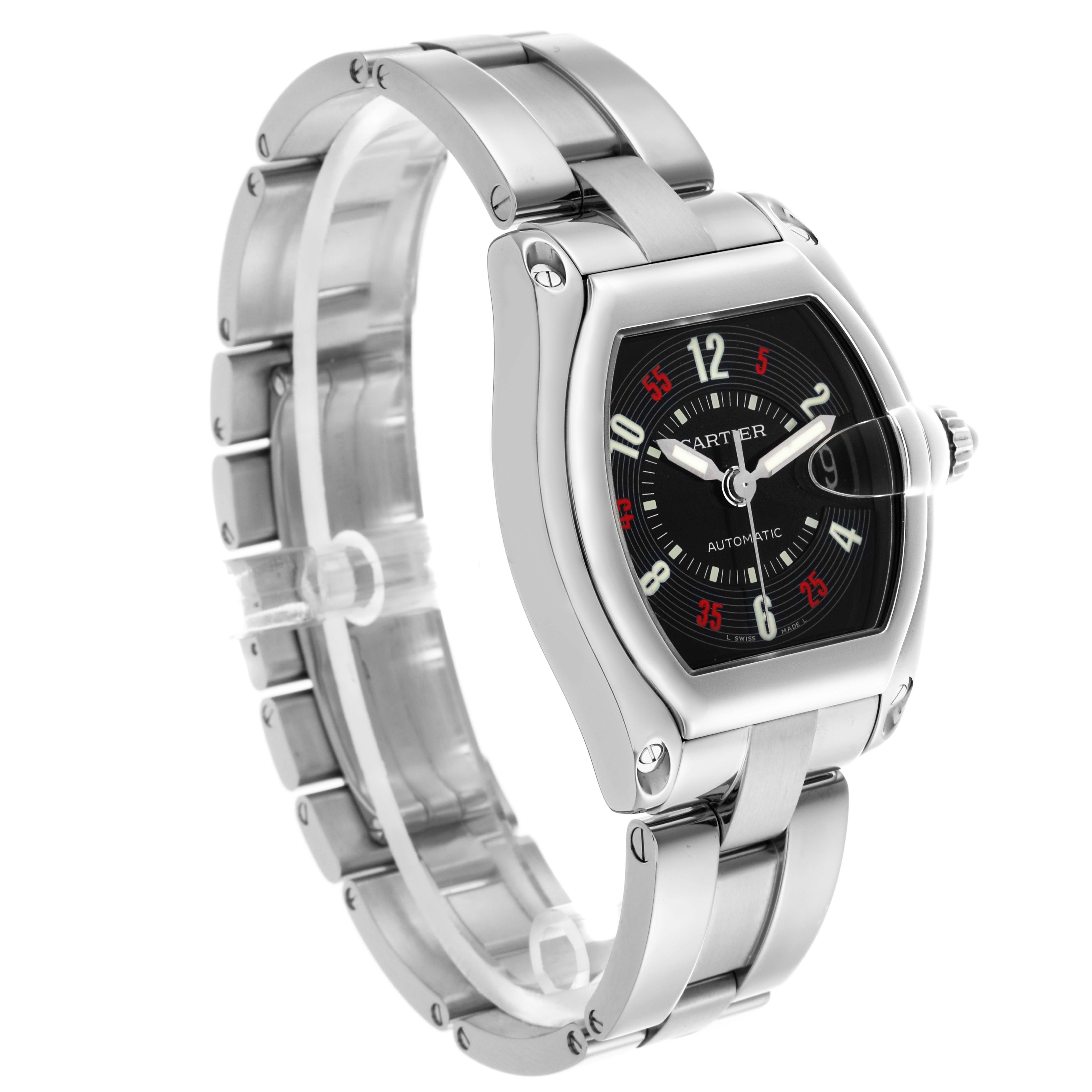 The Cartier Roadster W62002V3 Men's Stainless Steel Black Dial W62002V3 Men's Stainless Steel Black Dial watch is angled to show the face, case, and metal bracelet links.