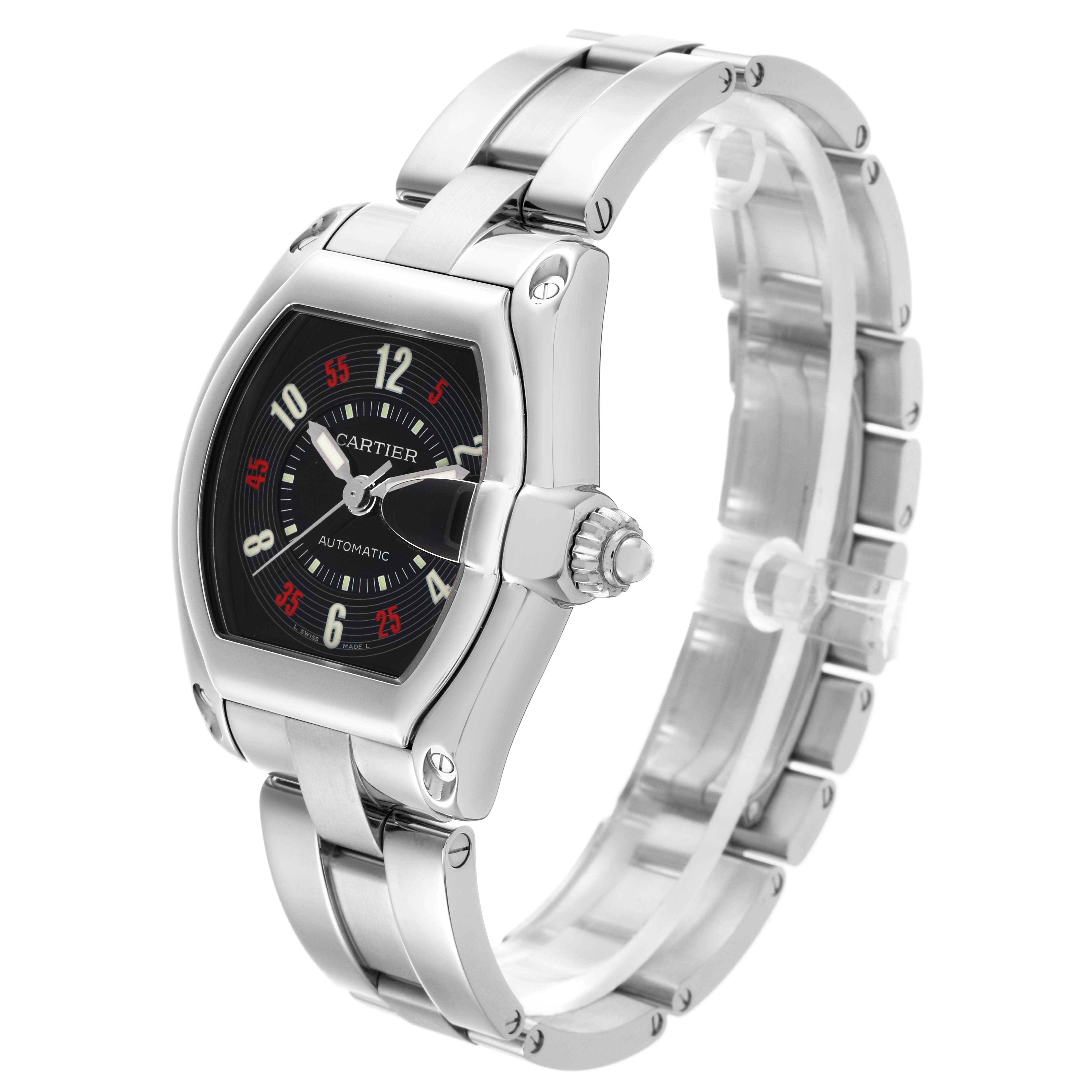 The Cartier Roadster W62002V3 Men's Stainless Steel Black Dial W62002V3 Men's Stainless Steel Black Dial watch is shown at a three-quarter angle, highlighting the case, dial, and bracelet.