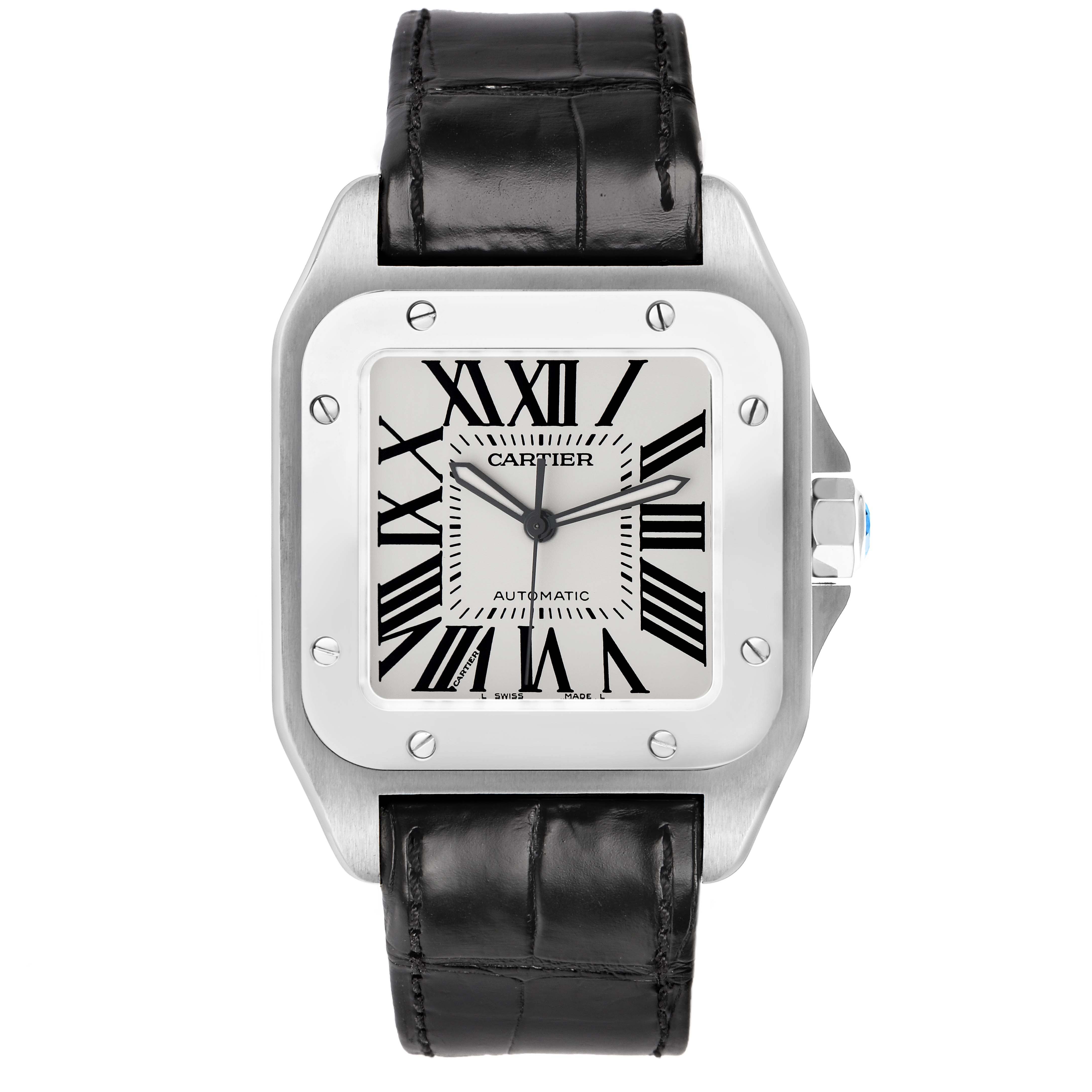 The image shows a front view of the Cartier Santos W20073X8 Men's Stainless Steel Silver Dial watch, highlighting its square face, Roman numerals, screws, and black leather strap.