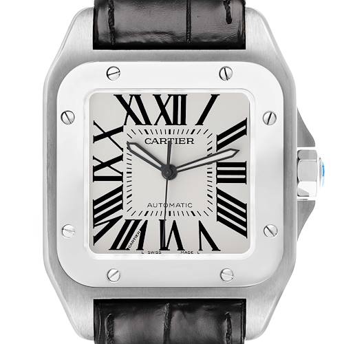 The image shows a frontal view of the Cartier Santos W20073X8 Men's Stainless Steel Silver Dial watch, highlighting the dial, bezel, and black leather strap.
