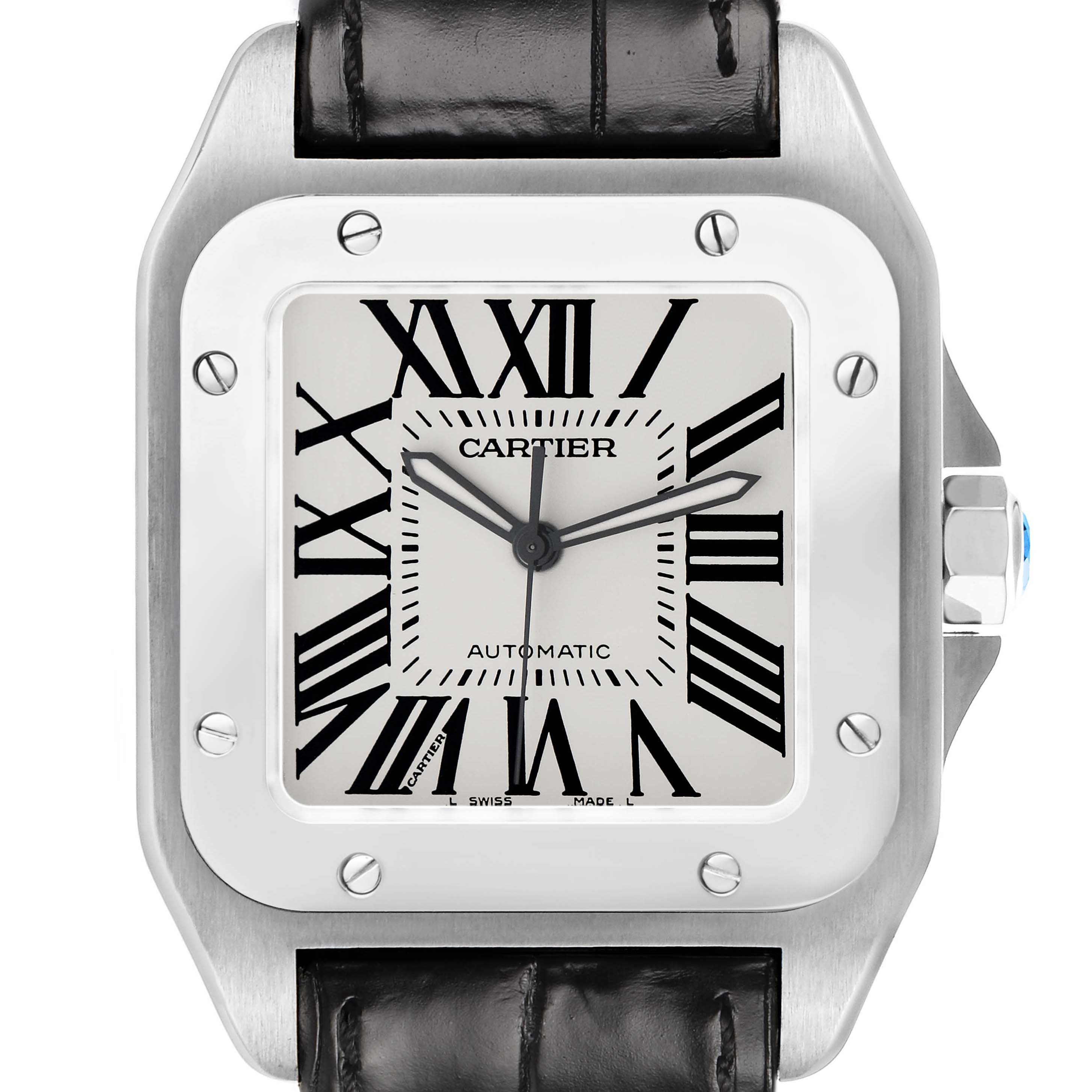 The Cartier Santos W20073X8 Men's Stainless Steel Silver Dial watch is shown from the front, displaying its face, bezel, crown with blue detailing, and leather strap.