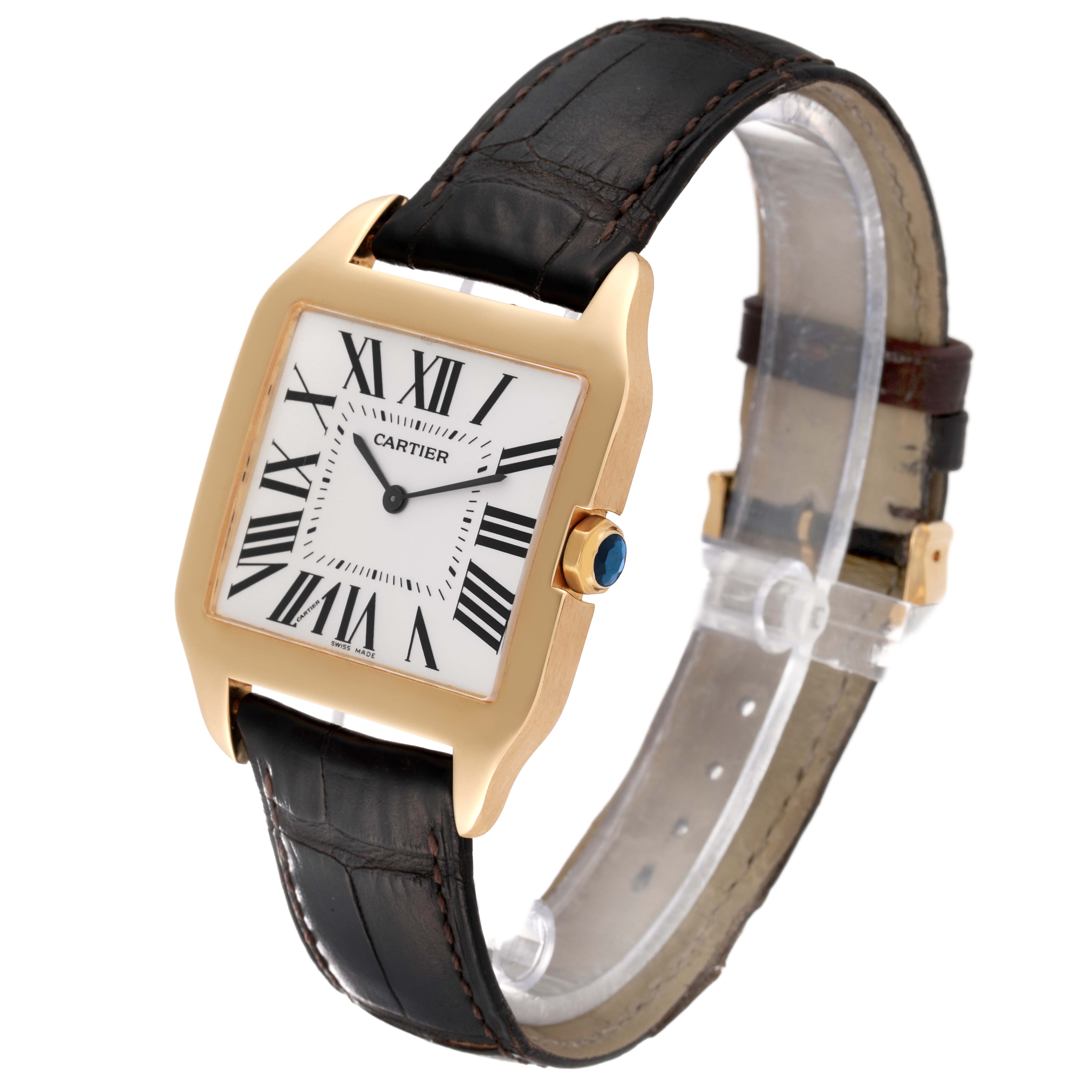 The image showcases a Cartier Santos Dumont W2008751 Men's Yellow Gold Silver Dial W2008751 Men's Yellow Gold Silver Dial watch at an angled view highlighting its face, rectangular case, and leather strap.