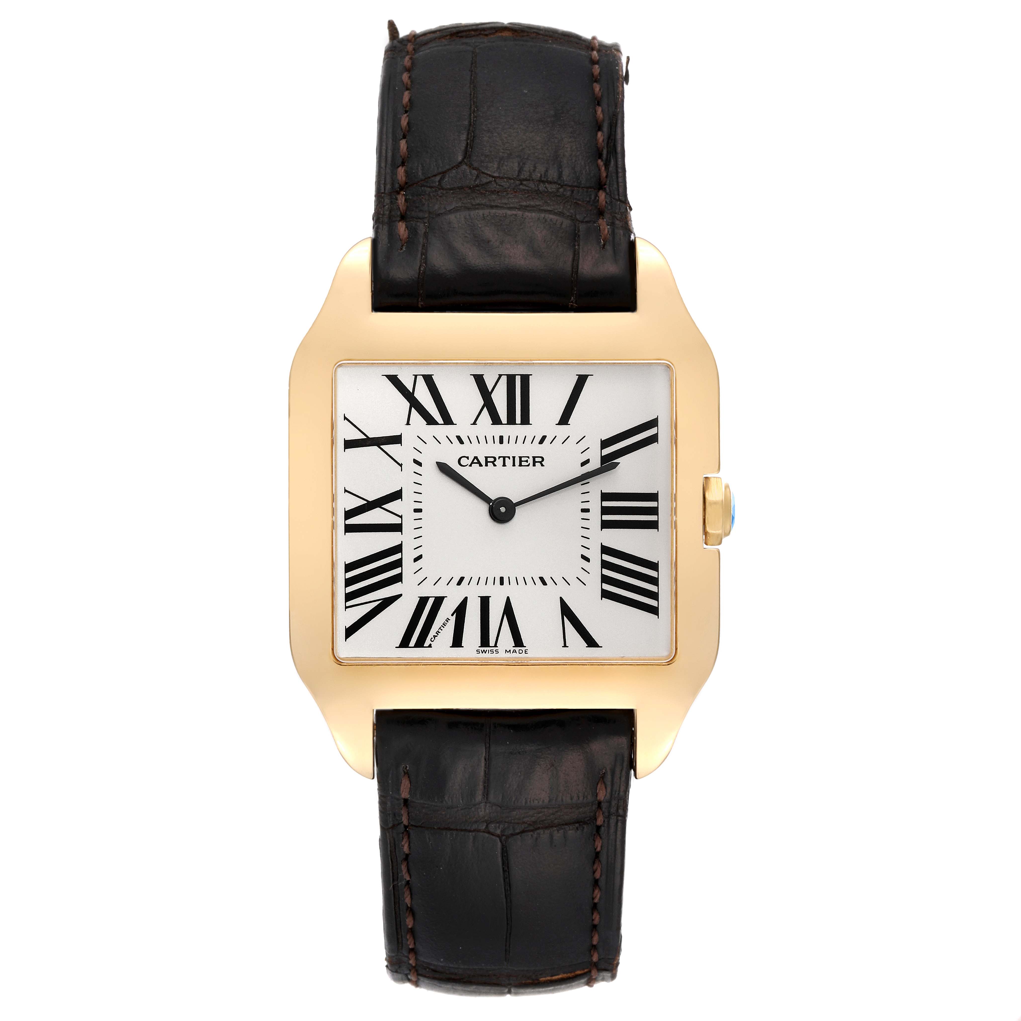 This image shows a front view of the Cartier Santos Dumont W2008751 Men's Yellow Gold Silver Dial W2008751 Men's Yellow Gold Silver Dial watch, featuring its square dial and black leather strap.