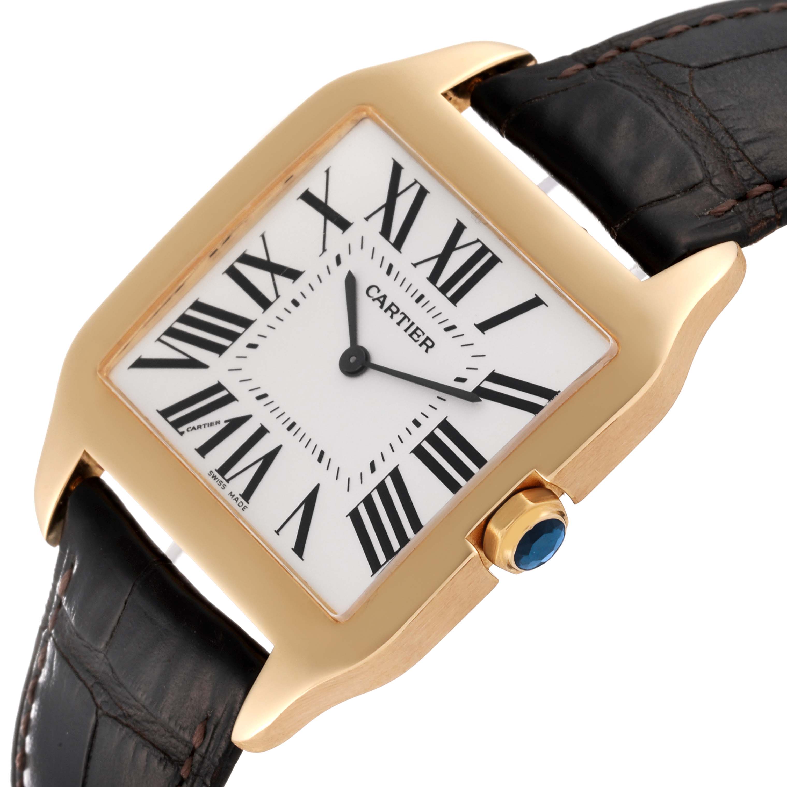 The image shows a close-up angle of the Cartier Santos Dumont W2008751 Men's Yellow Gold Silver Dial W2008751 Men's Yellow Gold Silver Dial watch, displaying its face, case, crown, and part of the strap.