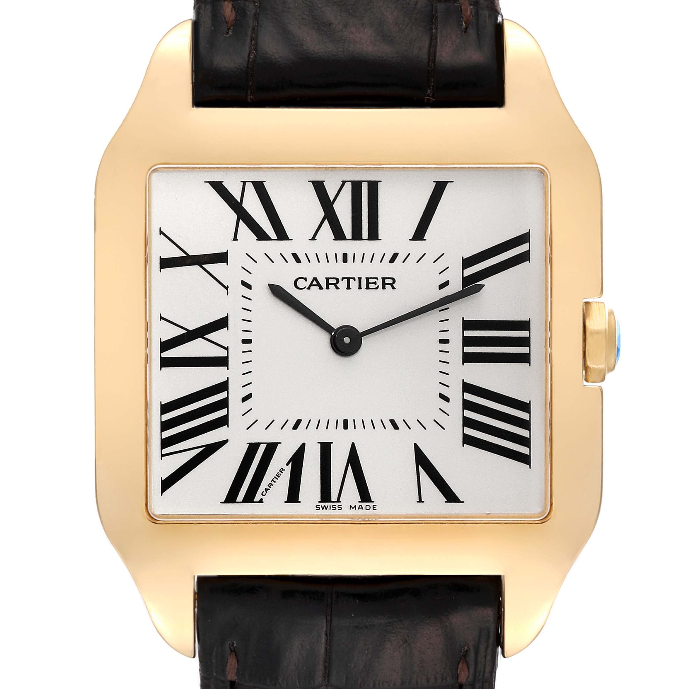 The image shows a front close-up view of a Cartier Santos Dumont W2008751 Men's Yellow Gold Silver Dial W2008751 Men's Yellow Gold Silver Dial watch, focusing on its dial and gold case.