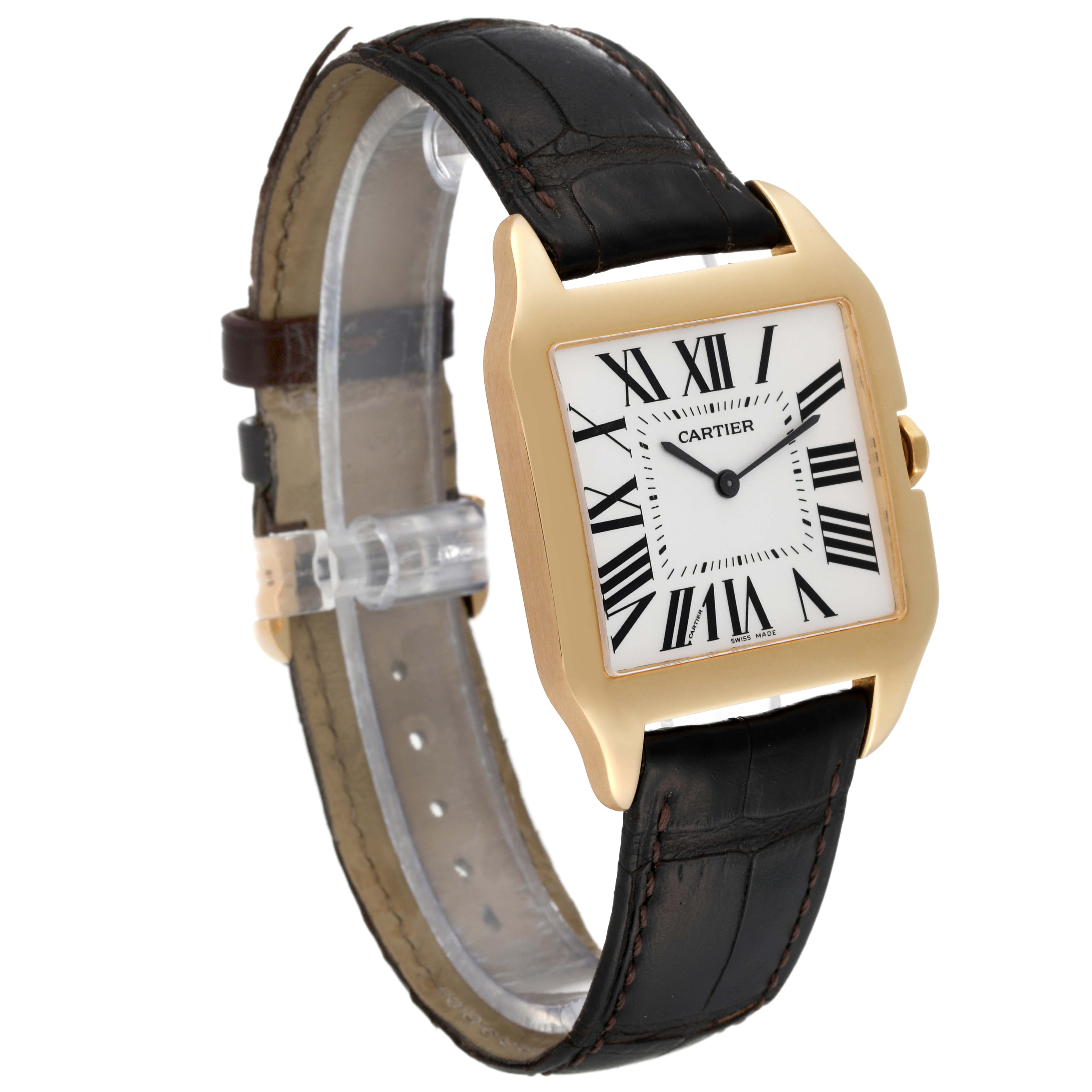 The image shows a Cartier Santos Dumont W2008751 Men's Yellow Gold Silver Dial W2008751 Men's Yellow Gold Silver Dial watch from a 3/4 angle, highlighting its face, bezel, and leather strap.
