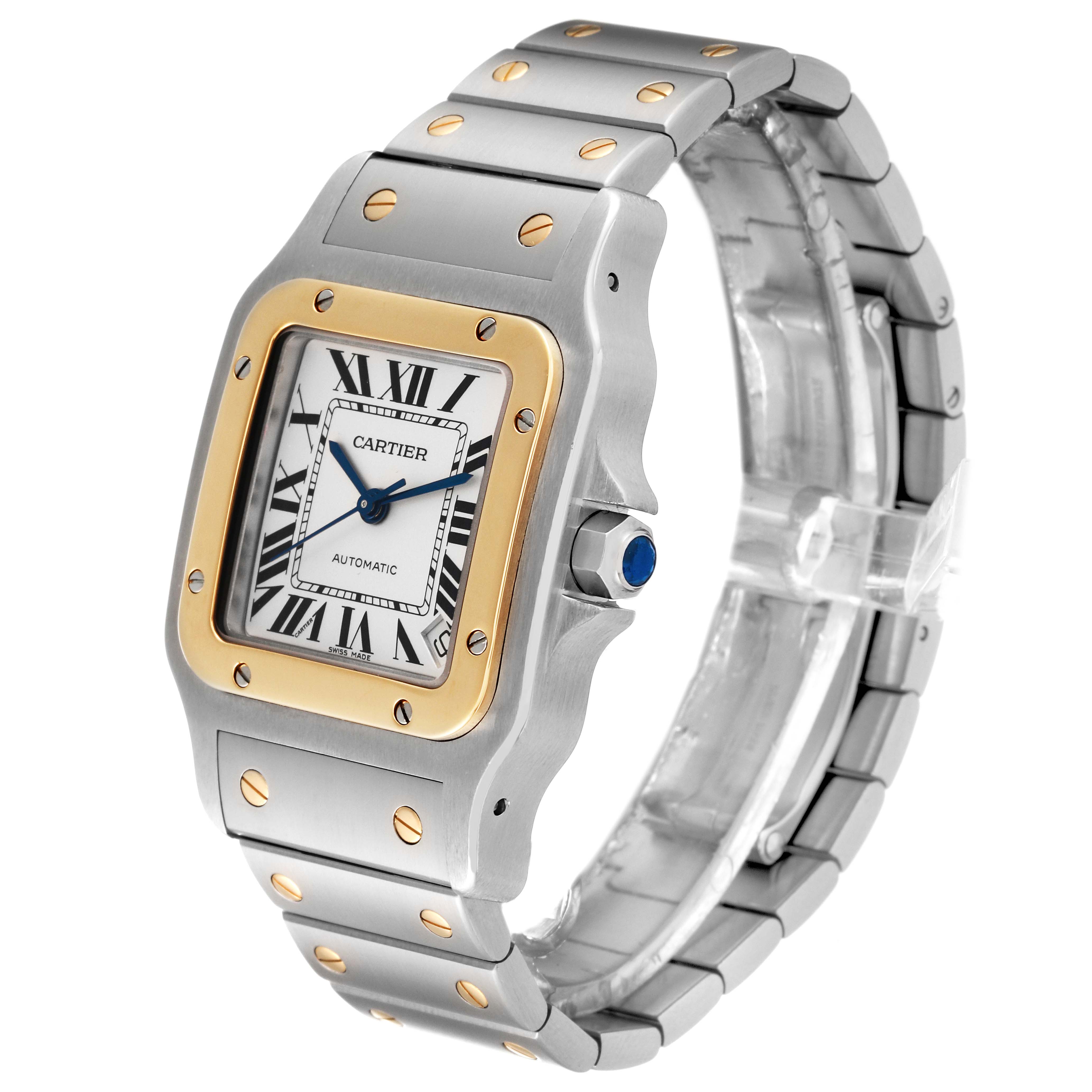 The image shows a Cartier Santos W20099C4 Men
s Steel and Gold (two tone) Silver Dial W20099C4 Men
s Steel and Gold (two tone) Silver Dial model watch at a side angle, highlighting the face, bezel, and bracelet.
