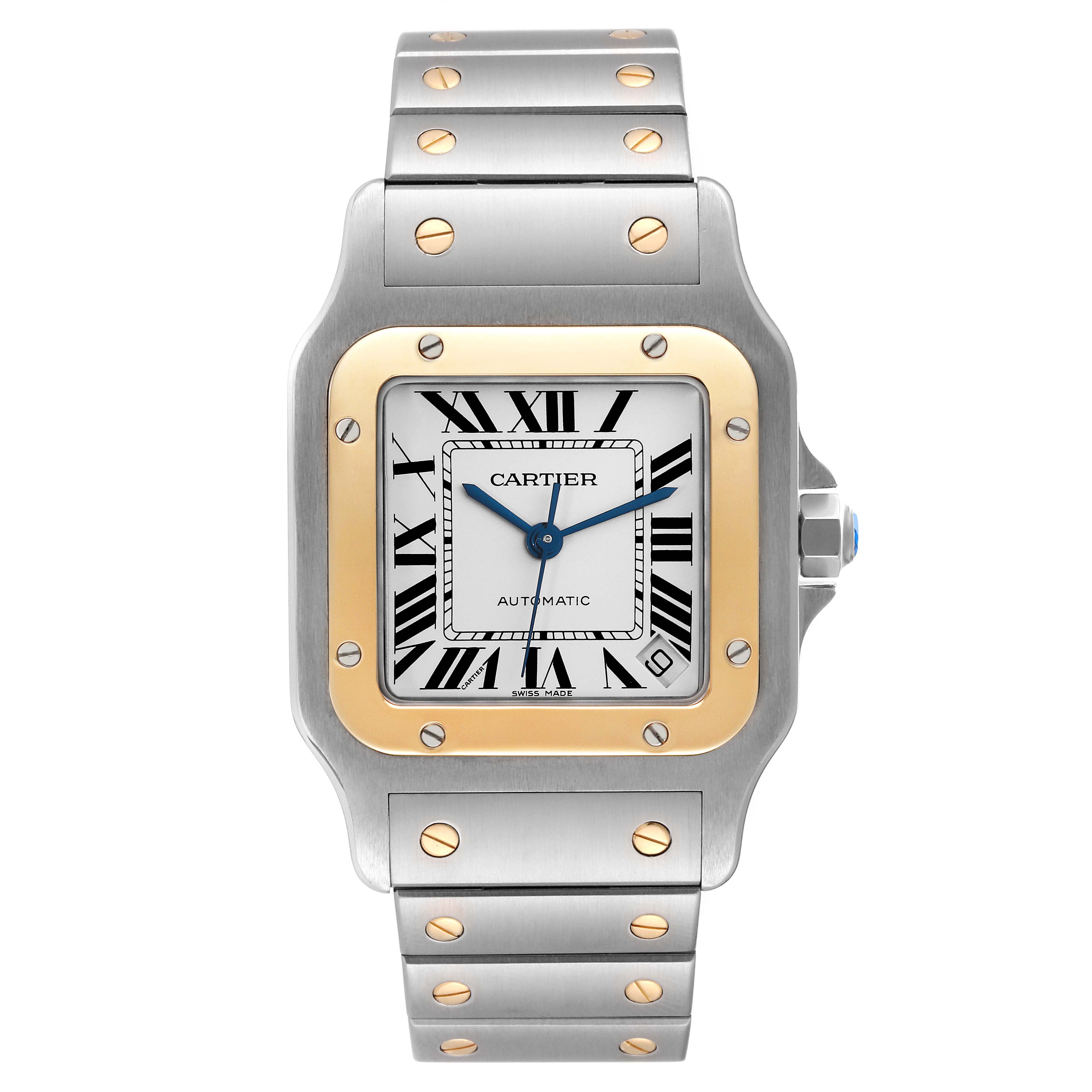 The image shows a frontal view of a Cartier Santos W20099C4 Men
s Steel and Gold (two tone) Silver Dial W20099C4 Men
s Steel and Gold (two tone) Silver Dial watch, highlighting its face, bezel, crown, and bracelet.