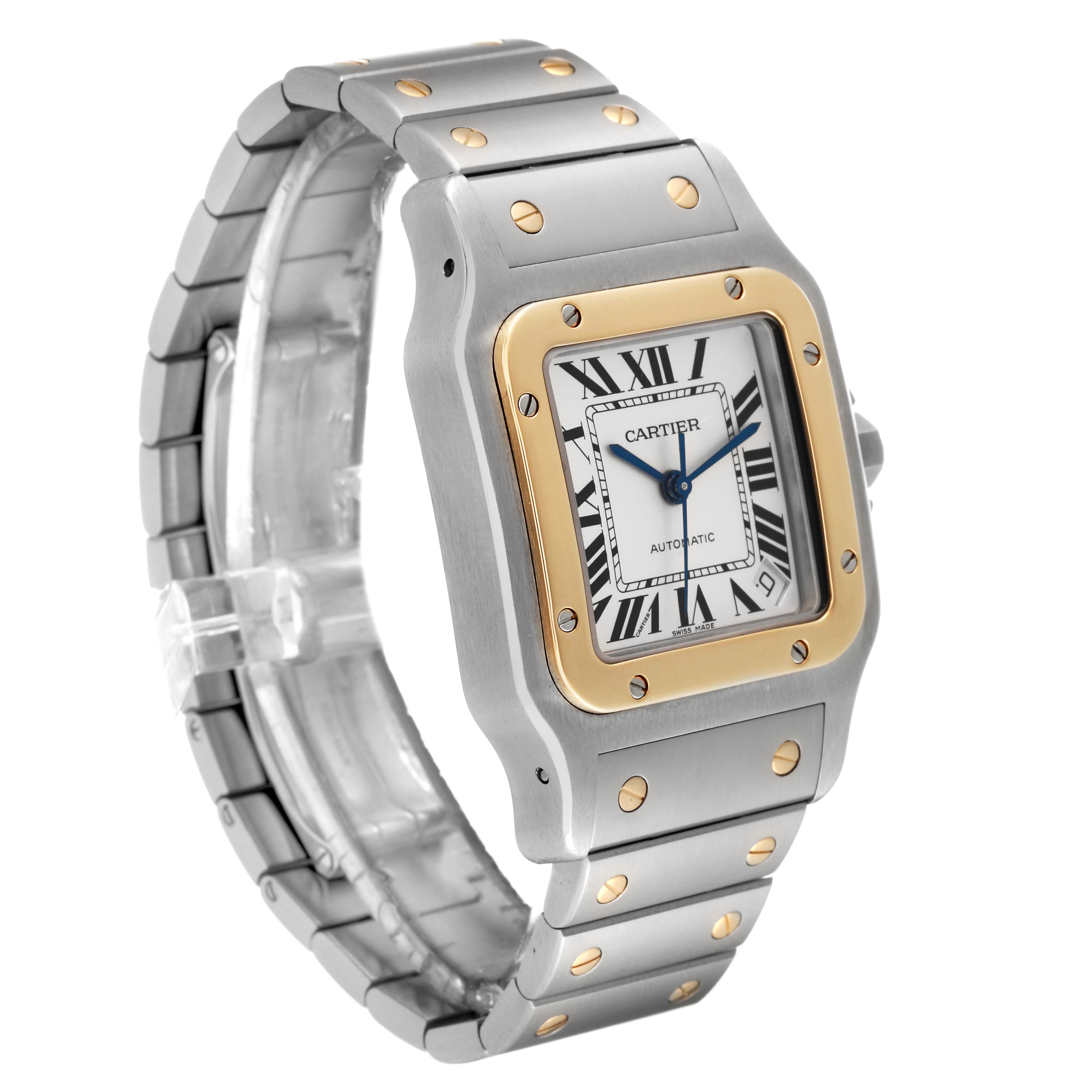 This image shows a Cartier Santos W20099C4 Men
s Steel and Gold (two tone) Silver Dial W20099C4 Men
s Steel and Gold (two tone) Silver Dial watch at an angle highlighting its face, bracelet, and bezel.