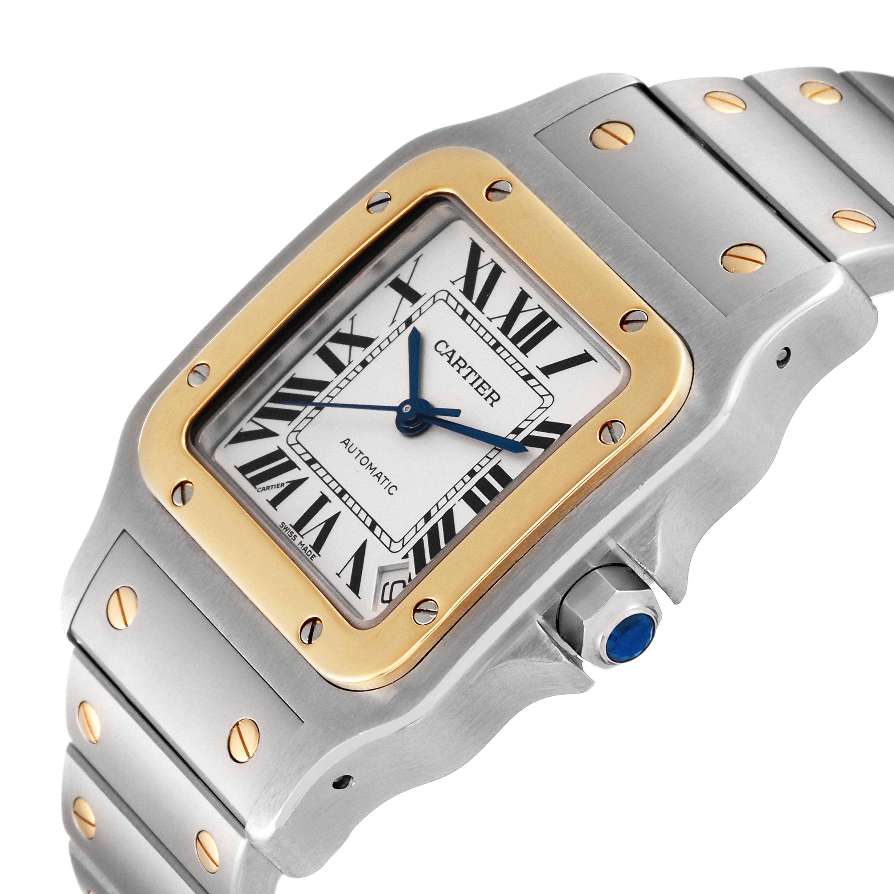 The image shows a close-up, angled view of the Cartier Santos W20099C4 Men
s Steel and Gold (two tone) Silver Dial W20099C4 Men
s Steel and Gold (two tone) Silver Dial watch
s face, bezel, and part of the bracelet.