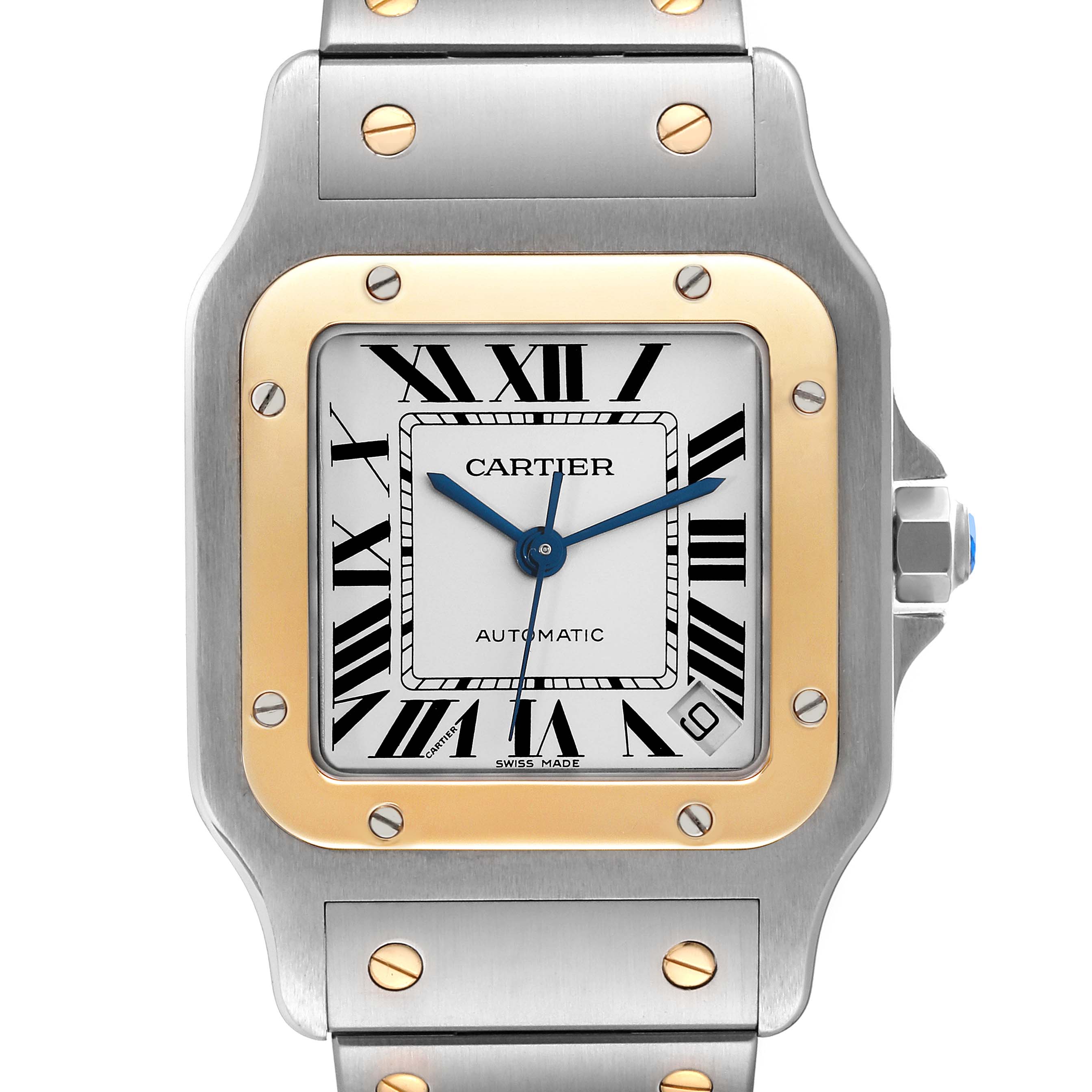 The image shows a close-up front view of the Cartier Santos W20099C4 Men
s Steel and Gold (two tone) Silver Dial W20099C4 Men
s Steel and Gold (two tone) Silver Dial model watch, highlighting the dial, bezel, case, and part of the bracelet.