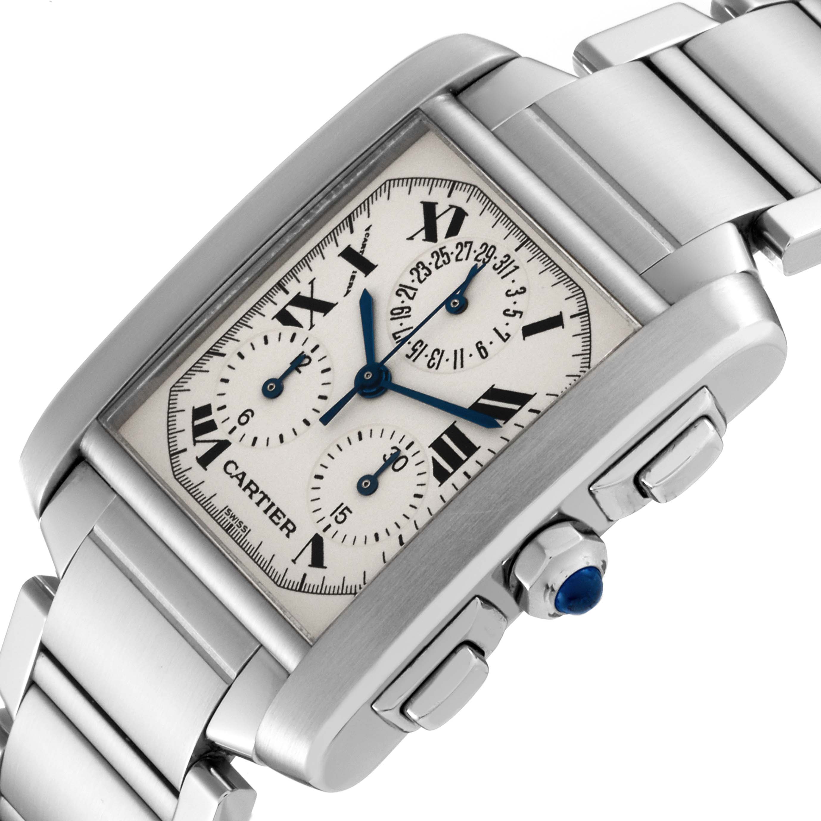 This image shows a Cartier Tank Francaise W51001Q3 Men
s Stainless Steel Silver Dial W51001Q3 Men
s Stainless Steel Silver Dial watch from an angled top view, highlighting the dial, crown, and bracelet.