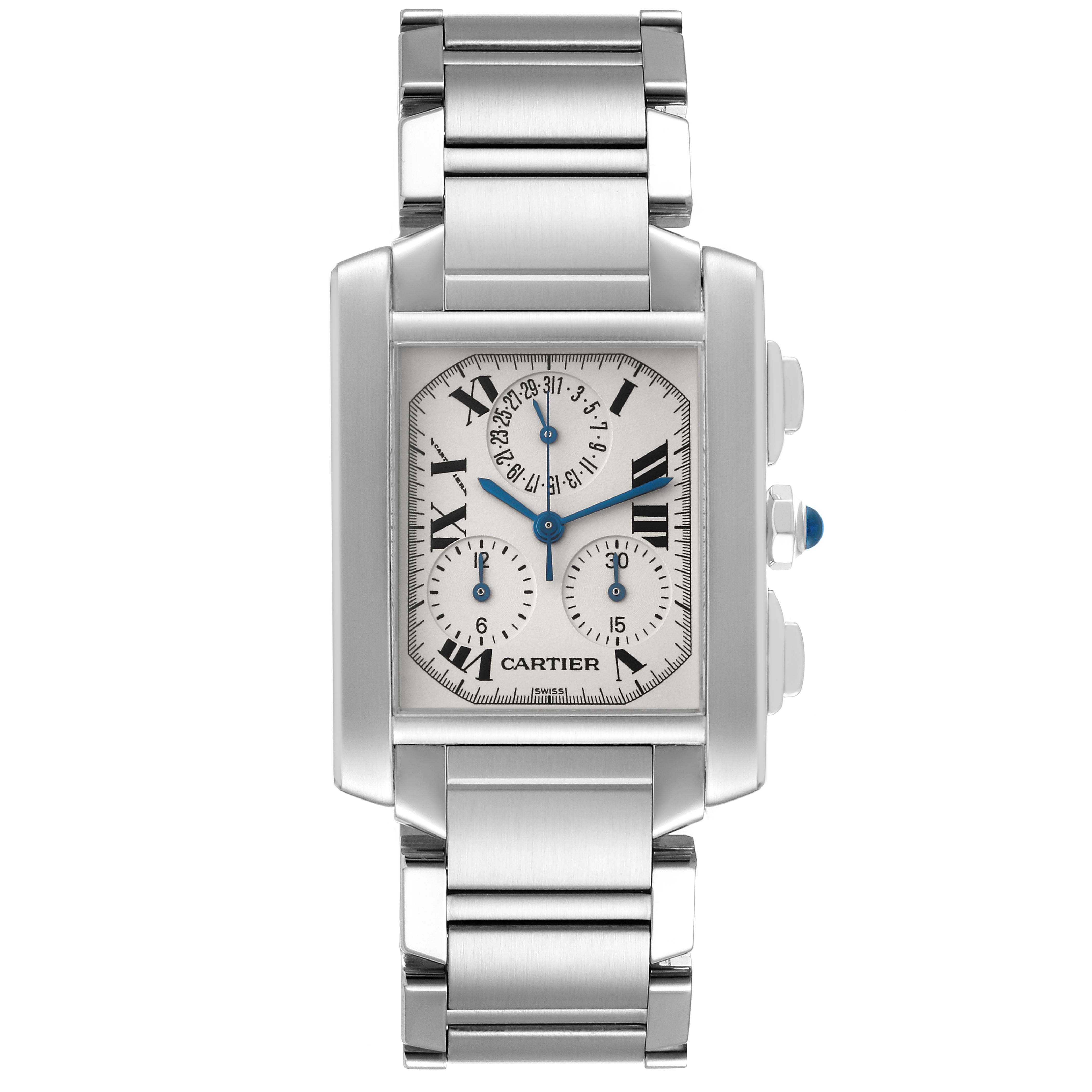 The Cartier Tank Française watch is shown from a top-down angle, highlighting its rectangular face and stainless steel bracelet.