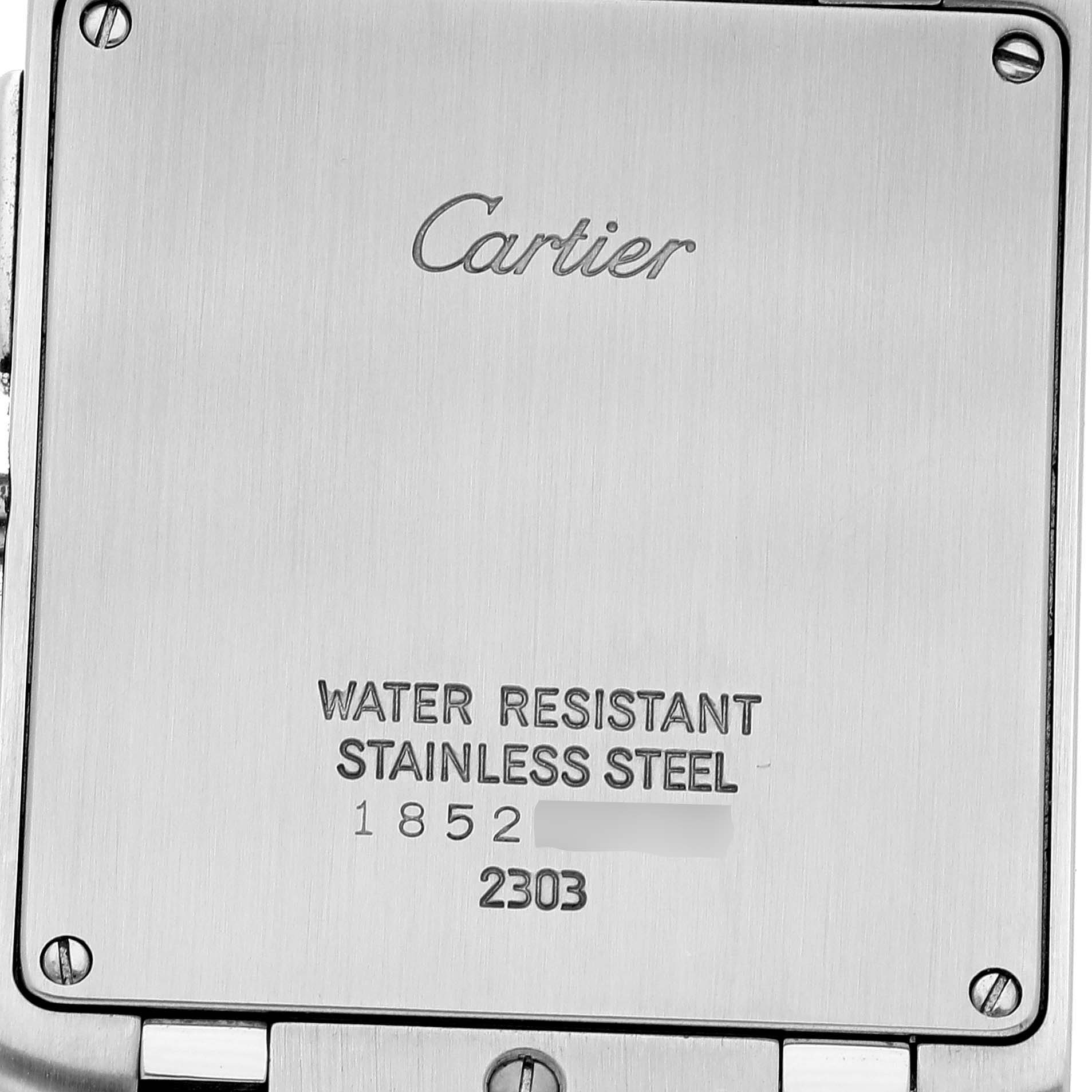 The image shows the back casing of a Cartier Tank Française watch, highlighting the brand, model, and material details.