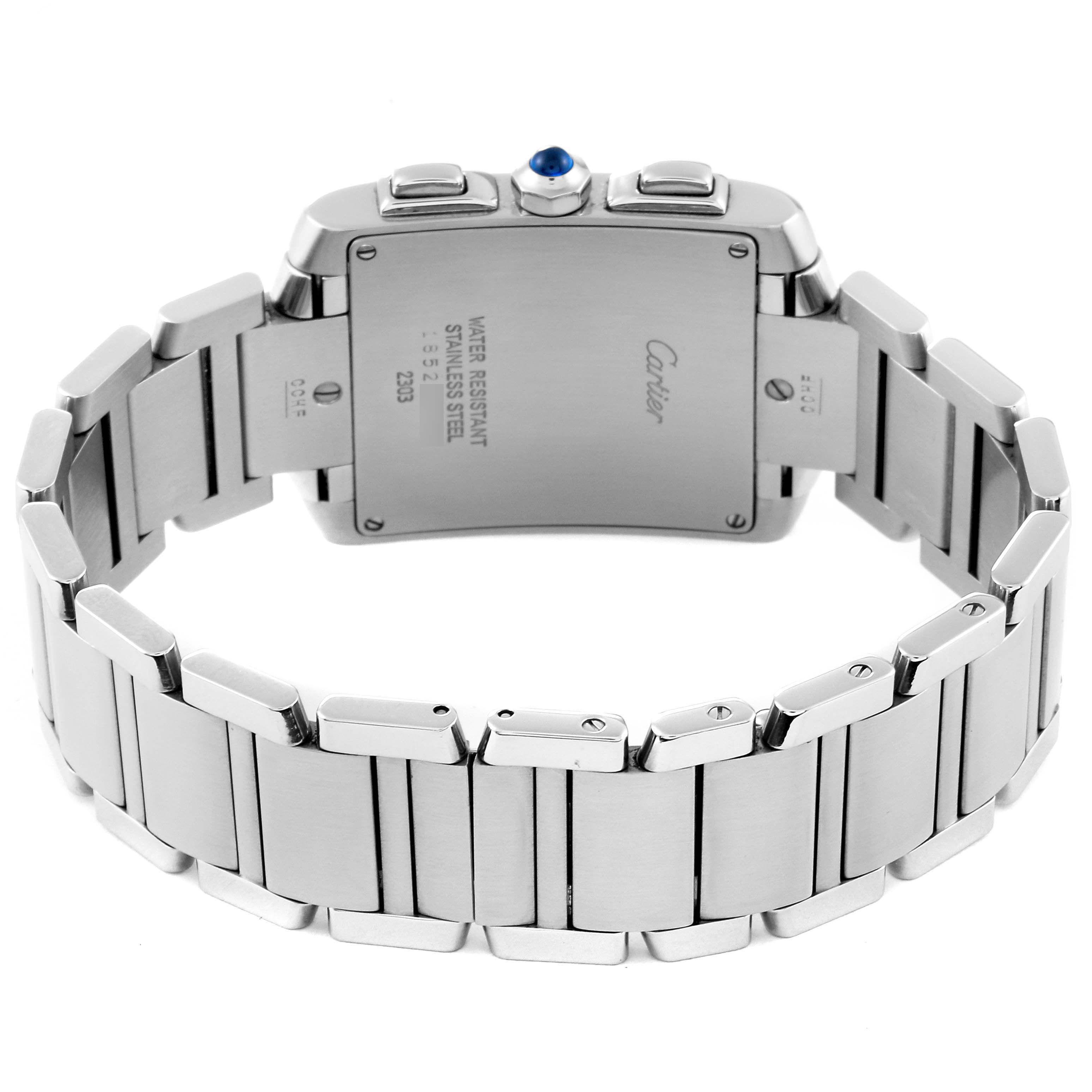 This image shows the back and bracelet of the Cartier Tank Française watch, emphasizing its stainless steel construction.