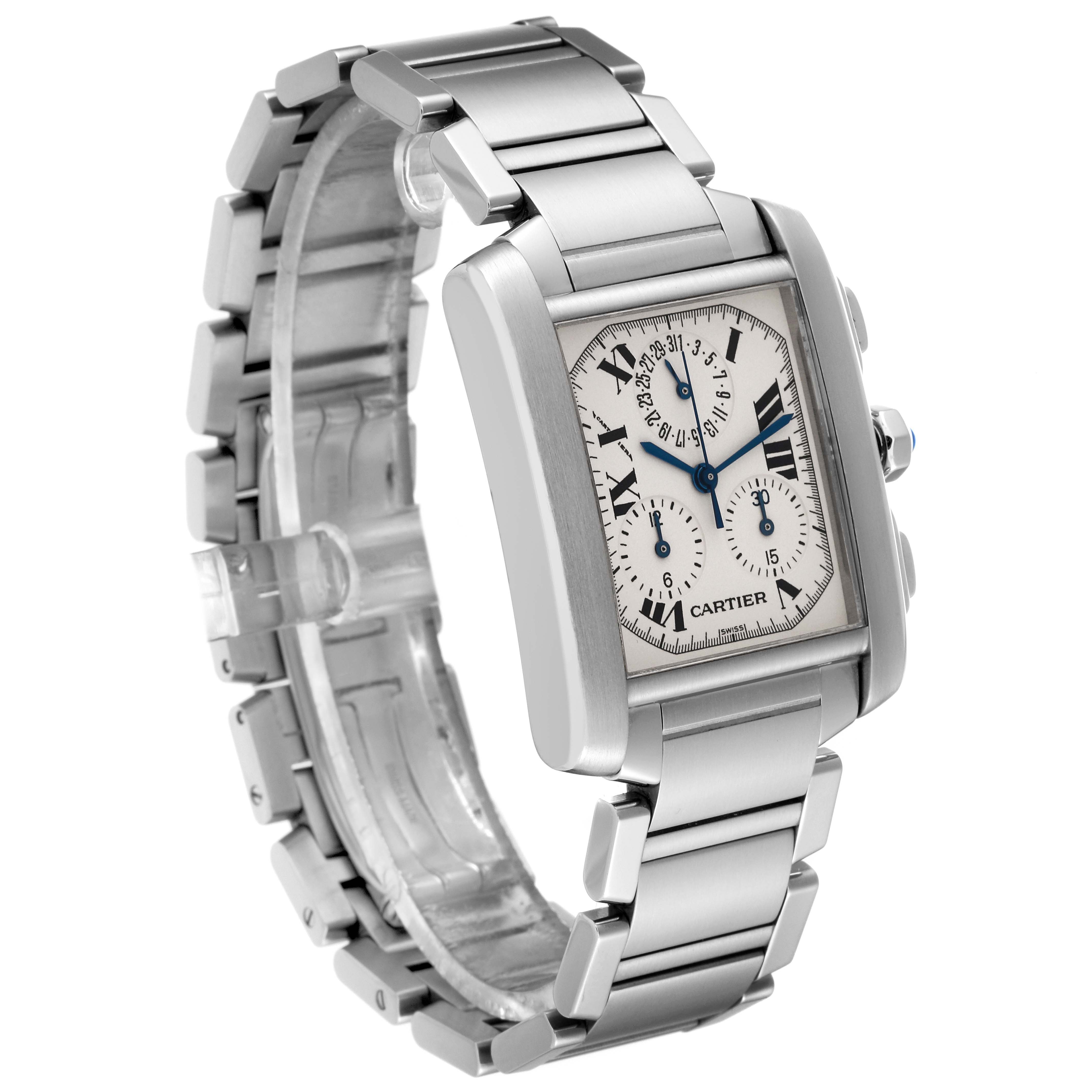 The image shows a Cartier Tank Francaise W51001Q3 Men
s Stainless Steel Silver Dial W51001Q3 Men
s Stainless Steel Silver Dial watch from an angled perspective, highlighting its face, bracelet, and side buttons.