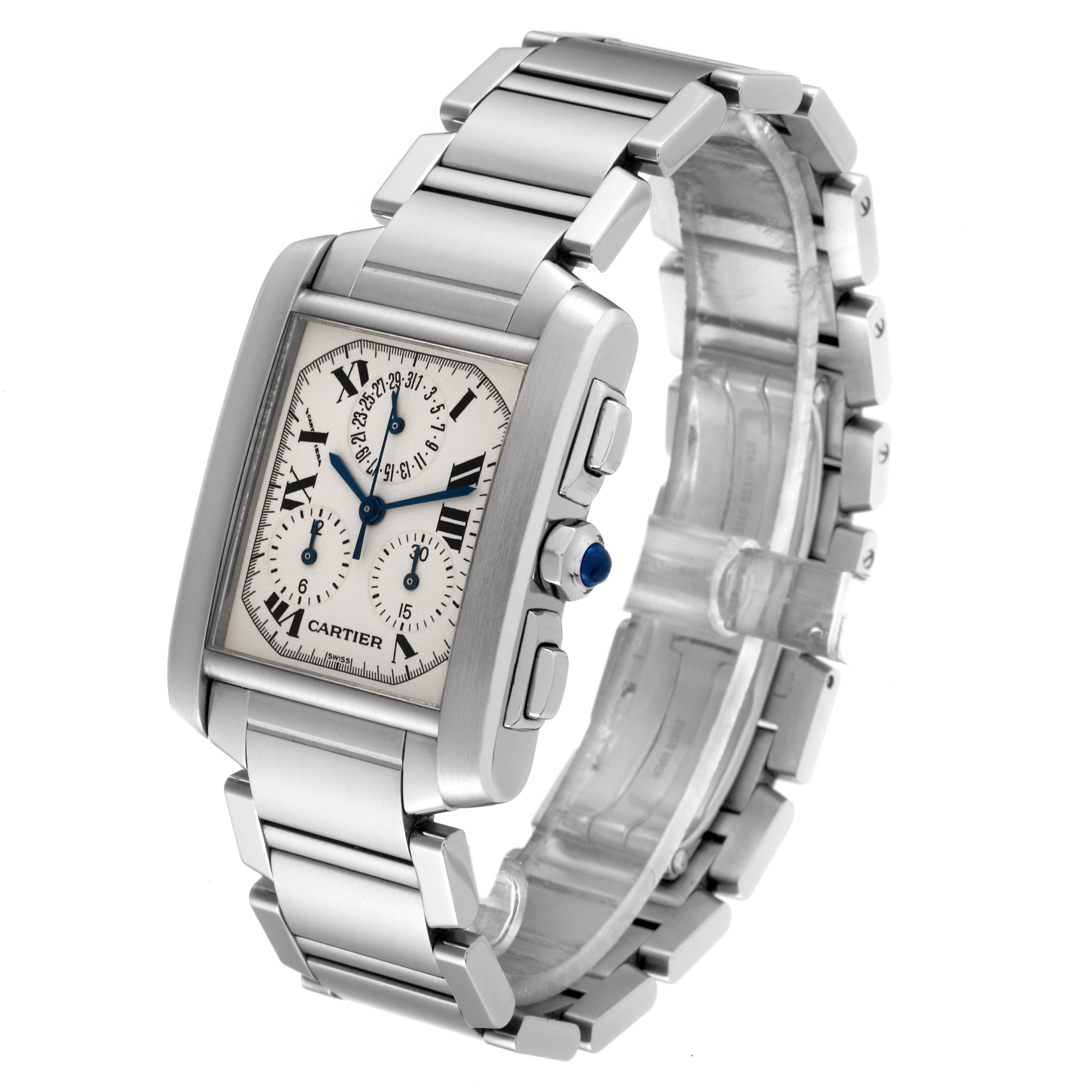 The image shows a Cartier Tank Française watch at a slight angle, highlighting its rectangular face, Roman numerals, and metal bracelet.