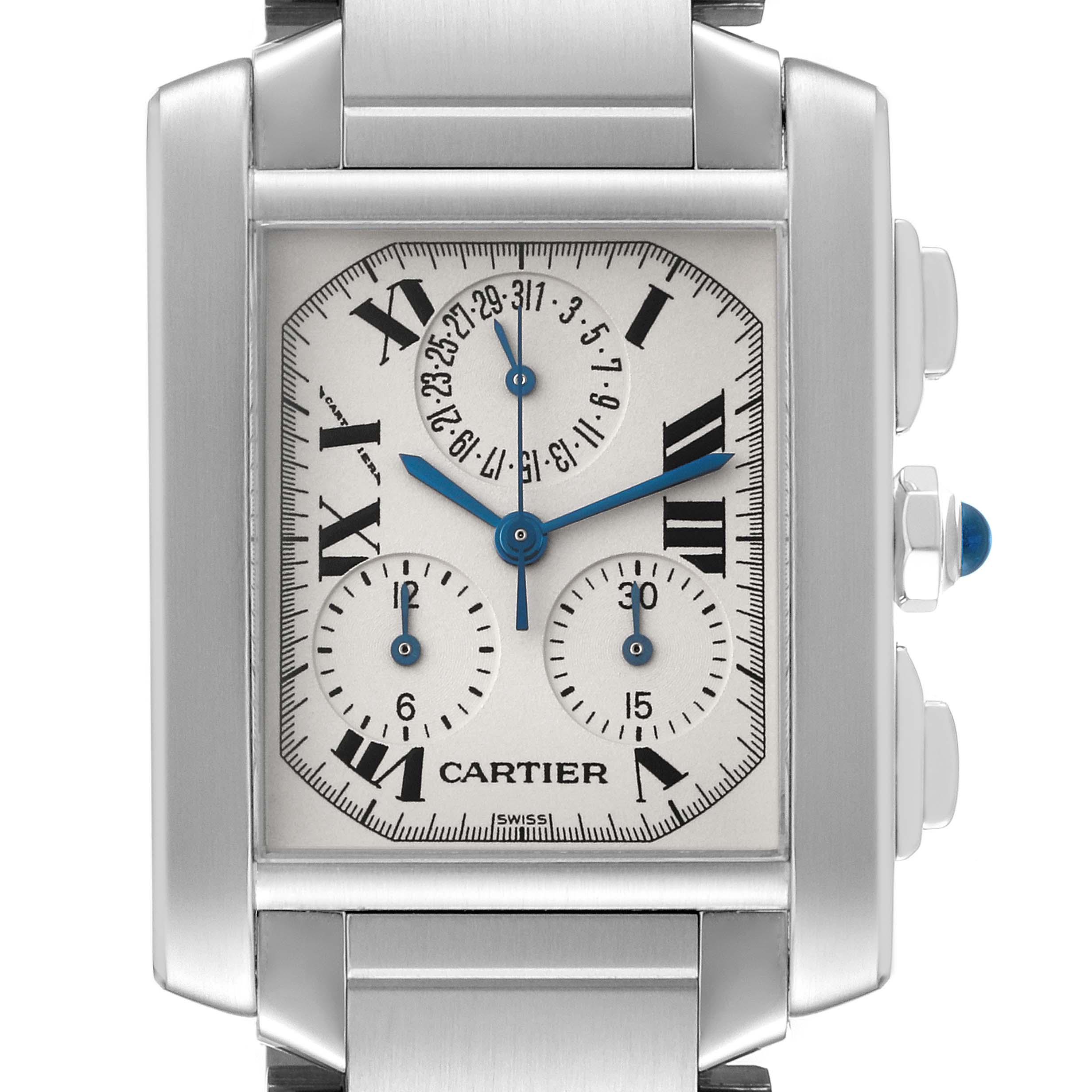 This image shows a close-up, front-facing view of the Cartier Tank Francaise W51001Q3 Men
s Stainless Steel Silver Dial W51001Q3 Men
s Stainless Steel Silver Dial watch, displaying its dial and subdials.