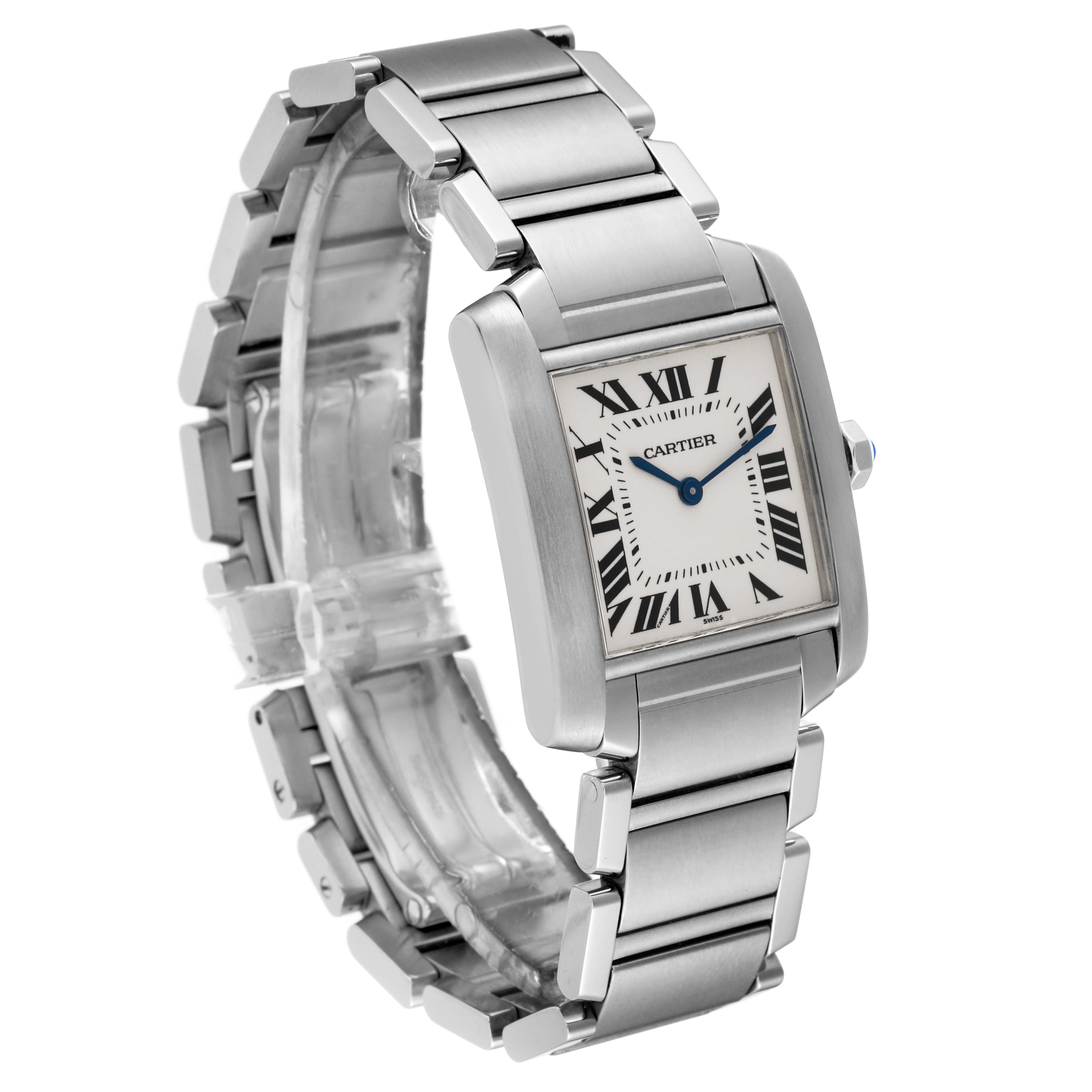 The image shows the Cartier Tank Francaise WSTA0005 Women's Stainless Steel Silver Dial WSTA0005 Women's Stainless Steel Silver Dial watch from an angled perspective, highlighting its face, bezel, and metal bracelet.