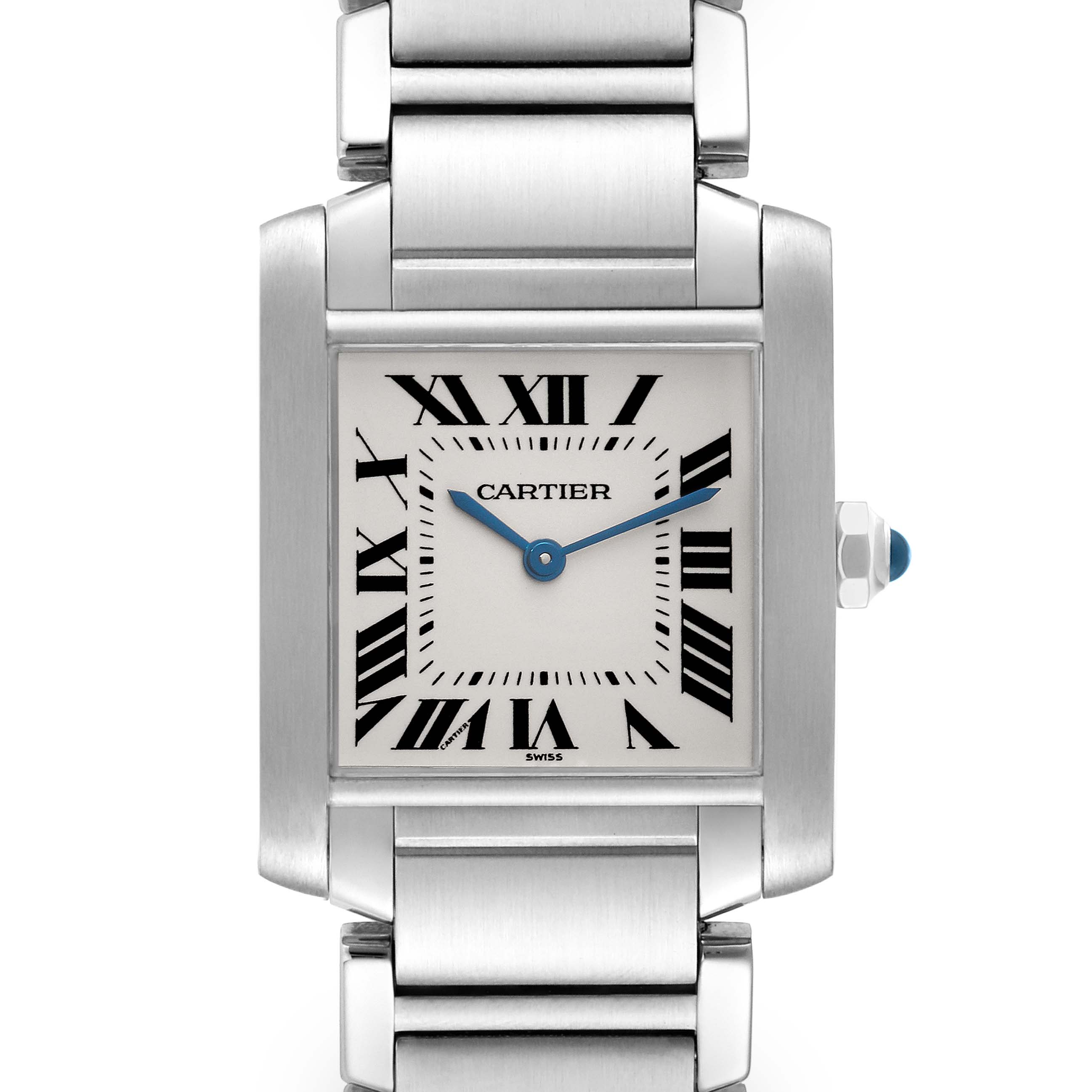 The image shows a close-up front view of the Tank Francaise model by Cartier, highlighting the dial and part of the bracelet.
