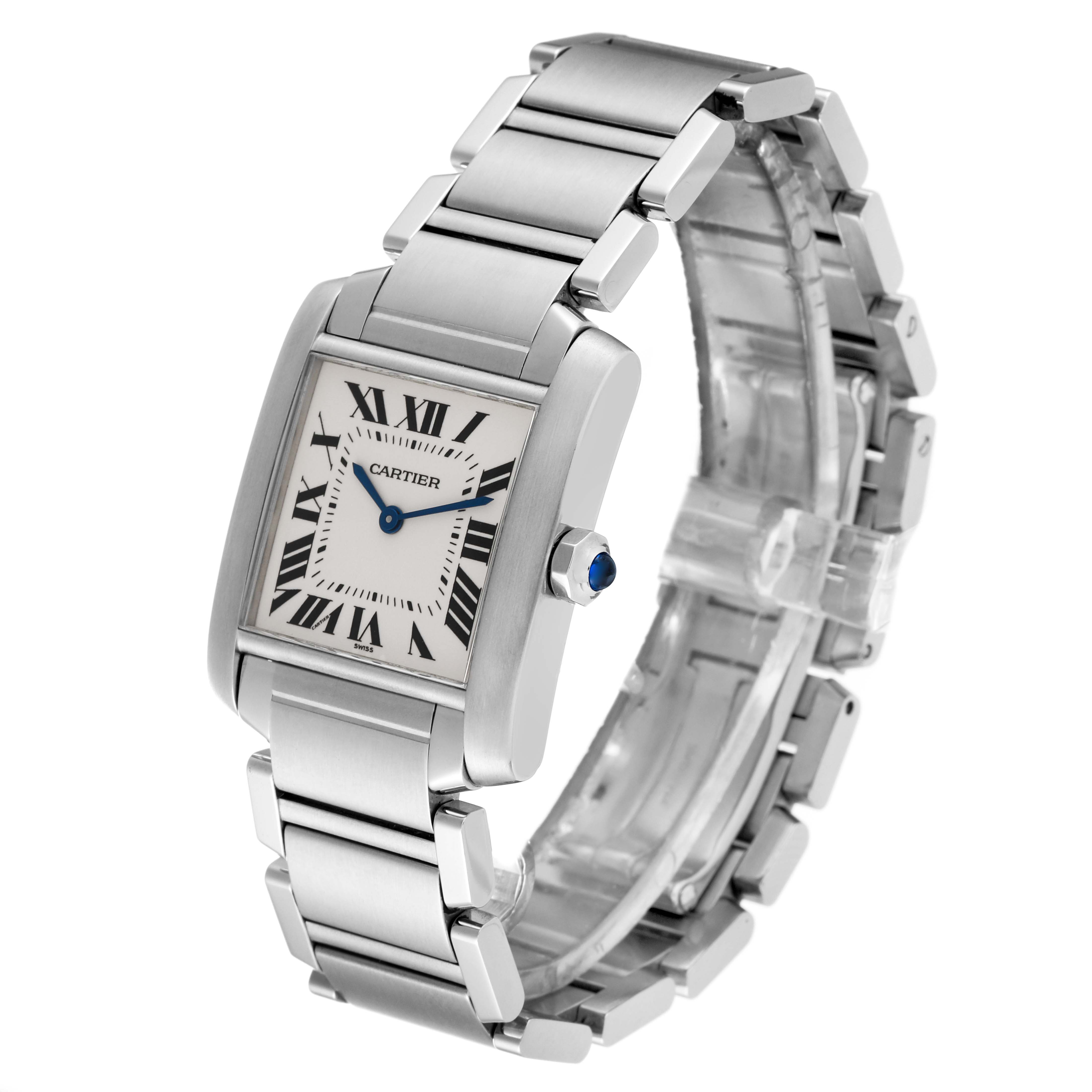 The image shows a Cartier Tank Francaise WSTA0005 Women's Stainless Steel Silver Dial WSTA0005 Women's Stainless Steel Silver Dial watch angled slightly from above, highlighting its bracelet, dial, and crown.