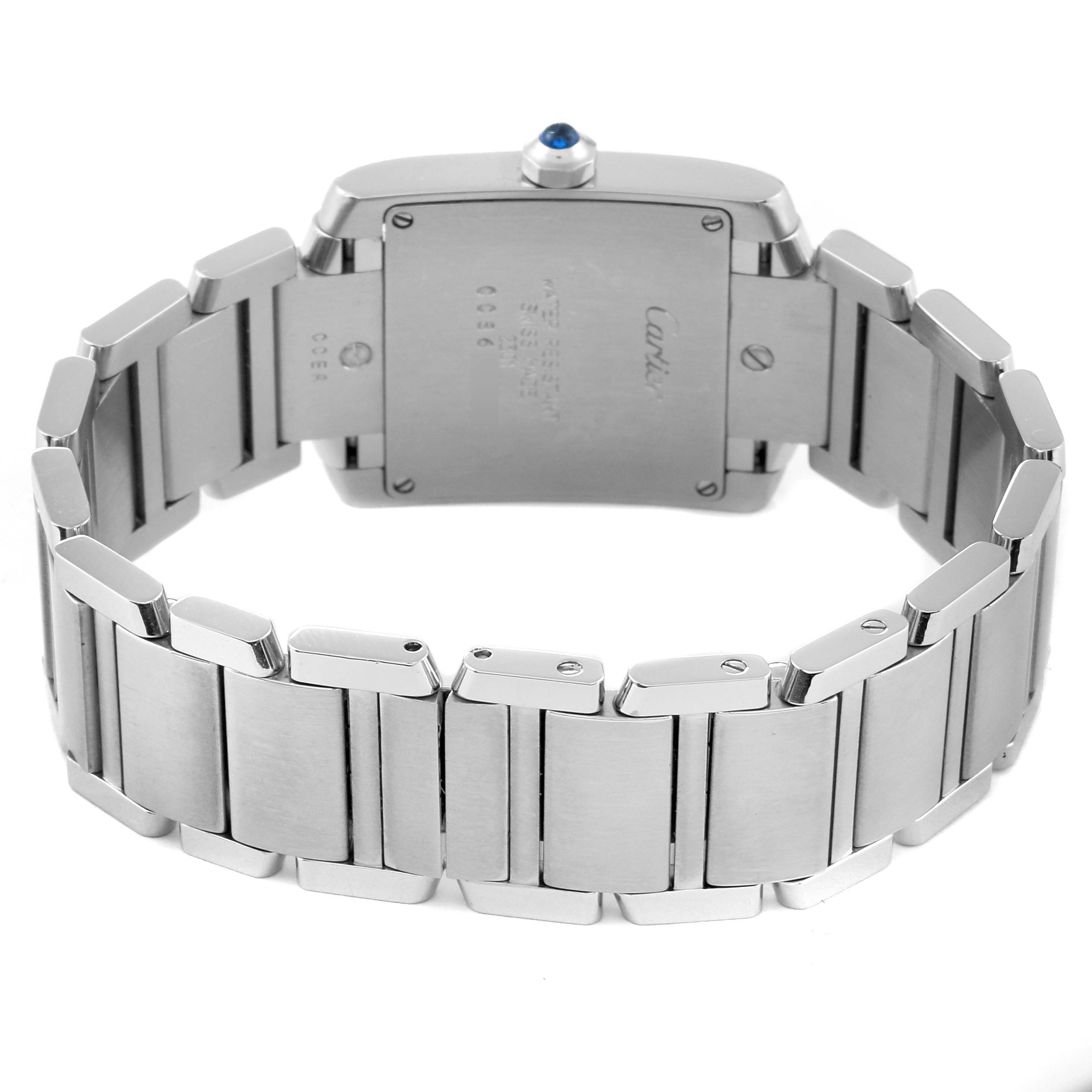 The image shows the back view of a Cartier Tank Francaise WSTA0005 Women's Stainless Steel Silver Dial WSTA0005 Women's Stainless Steel Silver Dial watch, highlighting its stainless steel bracelet and case.