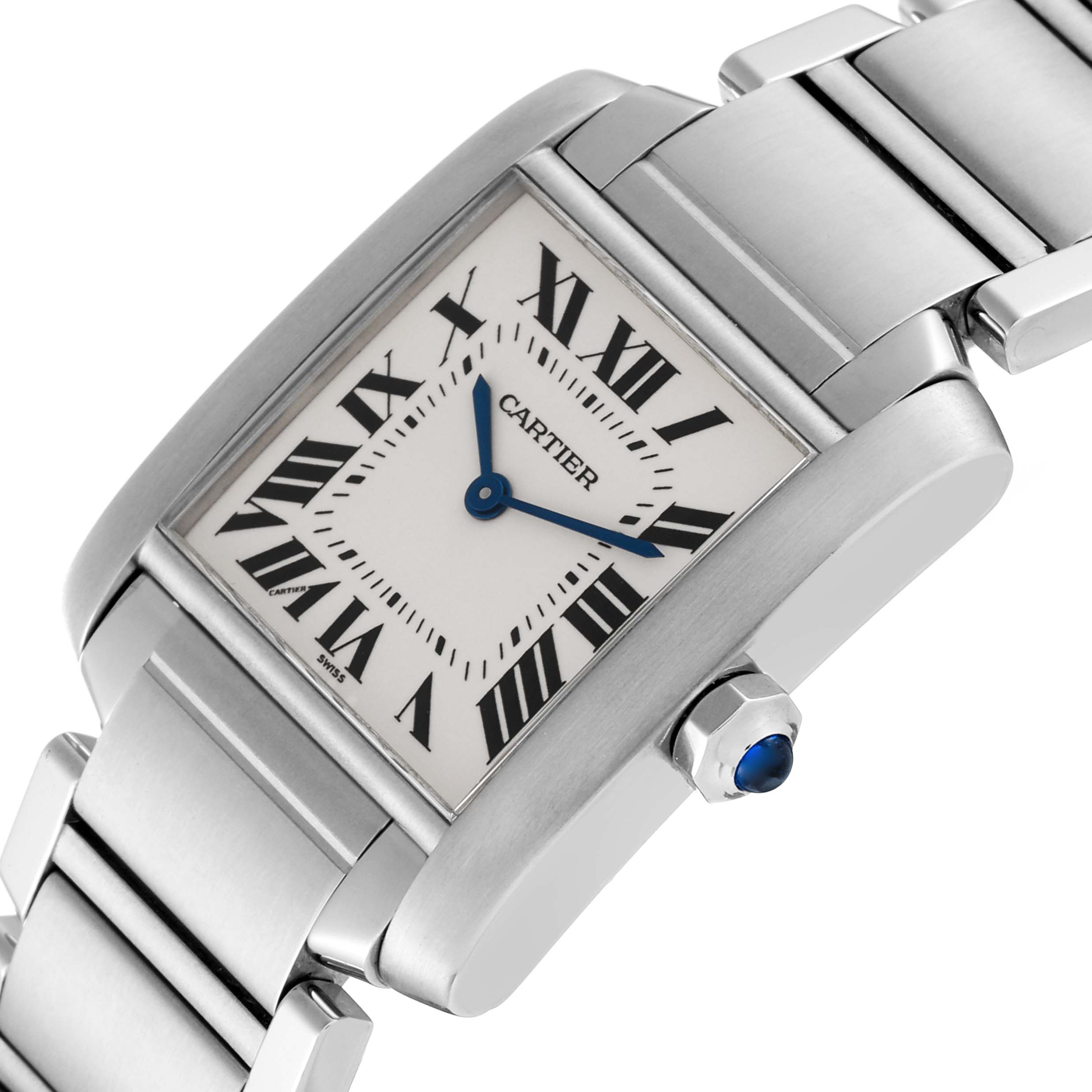 The image shows the front and side views of a Cartier Tank Francaise WSTA0005 Women's Stainless Steel Silver Dial WSTA0005 Women's Stainless Steel Silver Dial watch, highlighting its face, band, and crown.