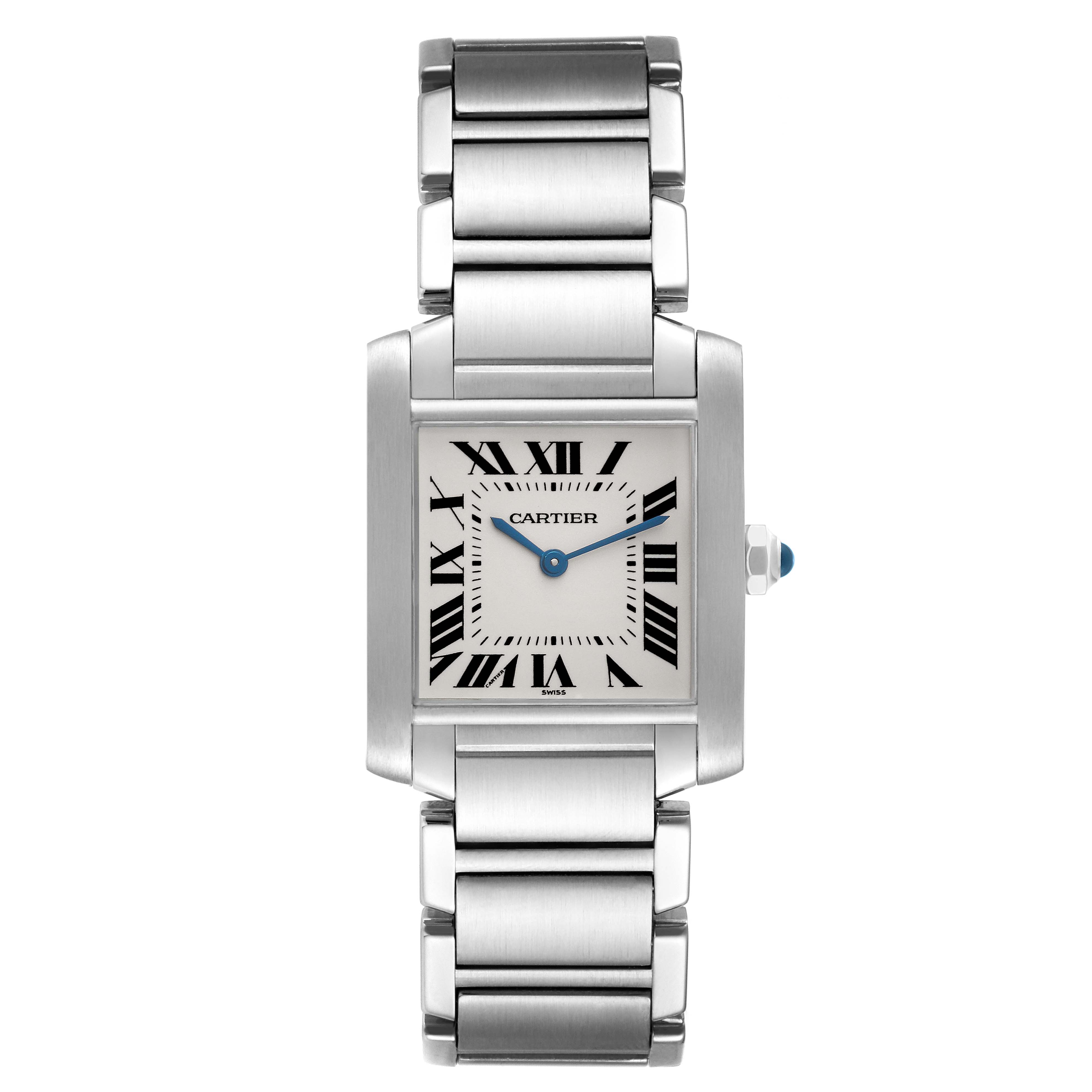 This image shows a Cartier Tank Francaise WSTA0005 Women's Stainless Steel Silver Dial WSTA0005 Women's Stainless Steel Silver Dial watch from a front angle, displaying its rectangular case, dial, and metal bracelet.