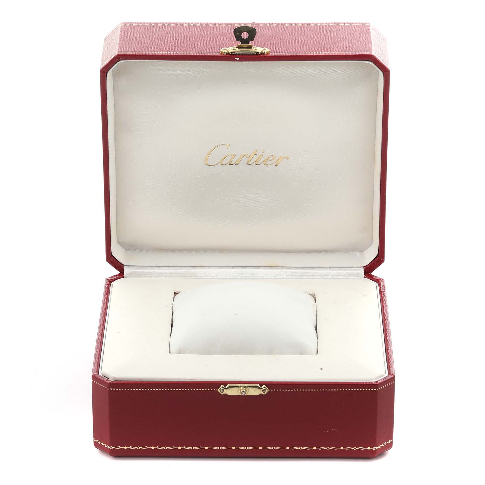 The image shows an open red Cartier box for the Tank Francaise model, highlighting its interior.