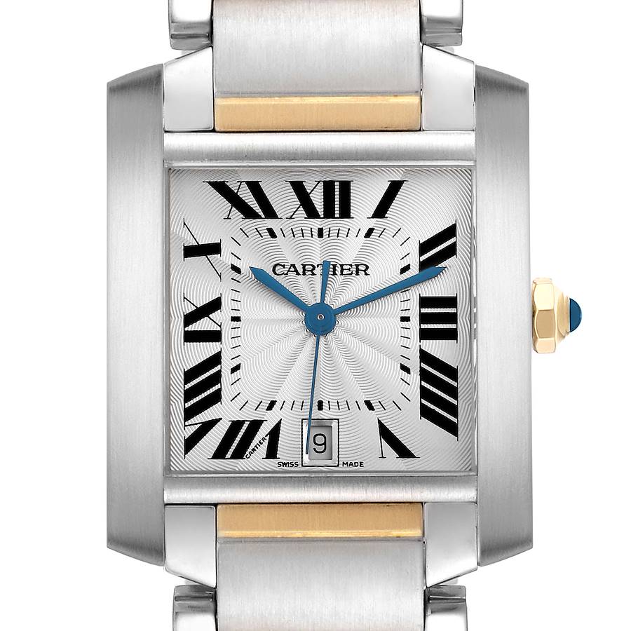 The Cartier Tank Francaise watch is shown from a front angle, displaying its face, Roman numerals, hands, and bracelet links.