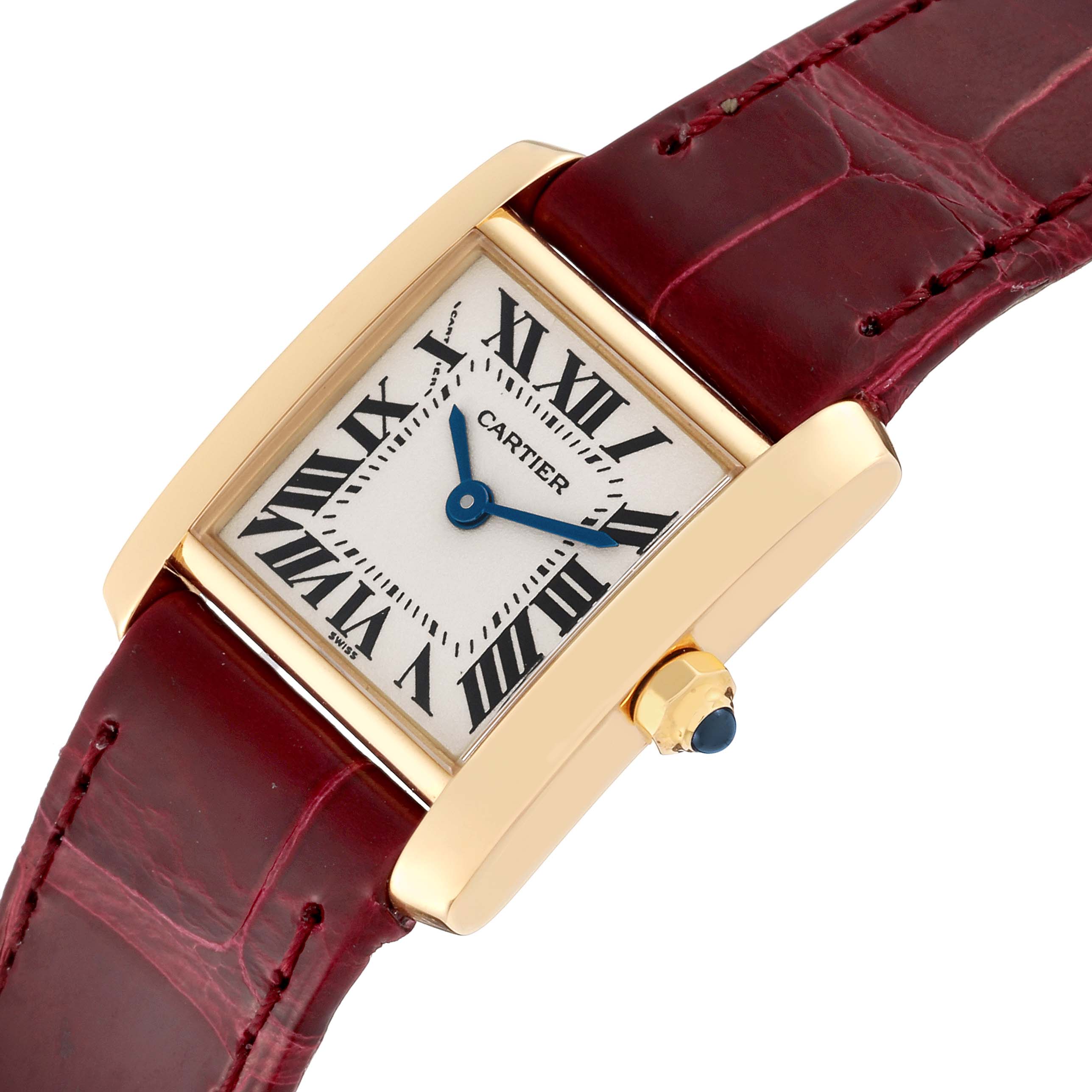 The image shows a side angle of the Cartier Tank Francaise W5000256 Women's Yellow Gold Silver Dial W5000256 Women's Yellow Gold Silver Dial watch, highlighting its rectangular face, Roman numerals, and burgundy leather strap.