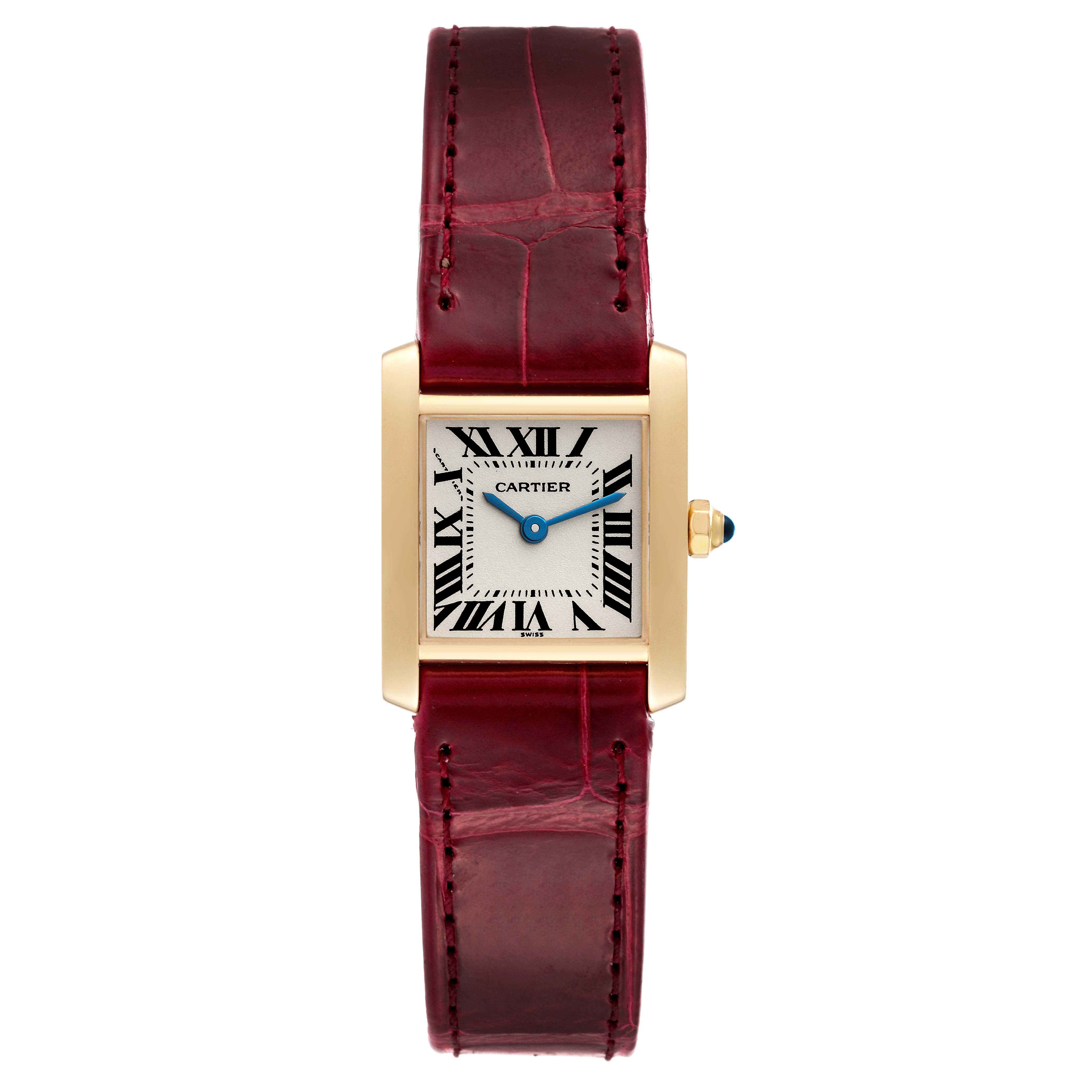 The image shows a front view of a Cartier Tank Francaise W5000256 Women's Yellow Gold Silver Dial W5000256 Women's Yellow Gold Silver Dial watch with a gold case, silver dial, Roman numerals, and red leather strap.