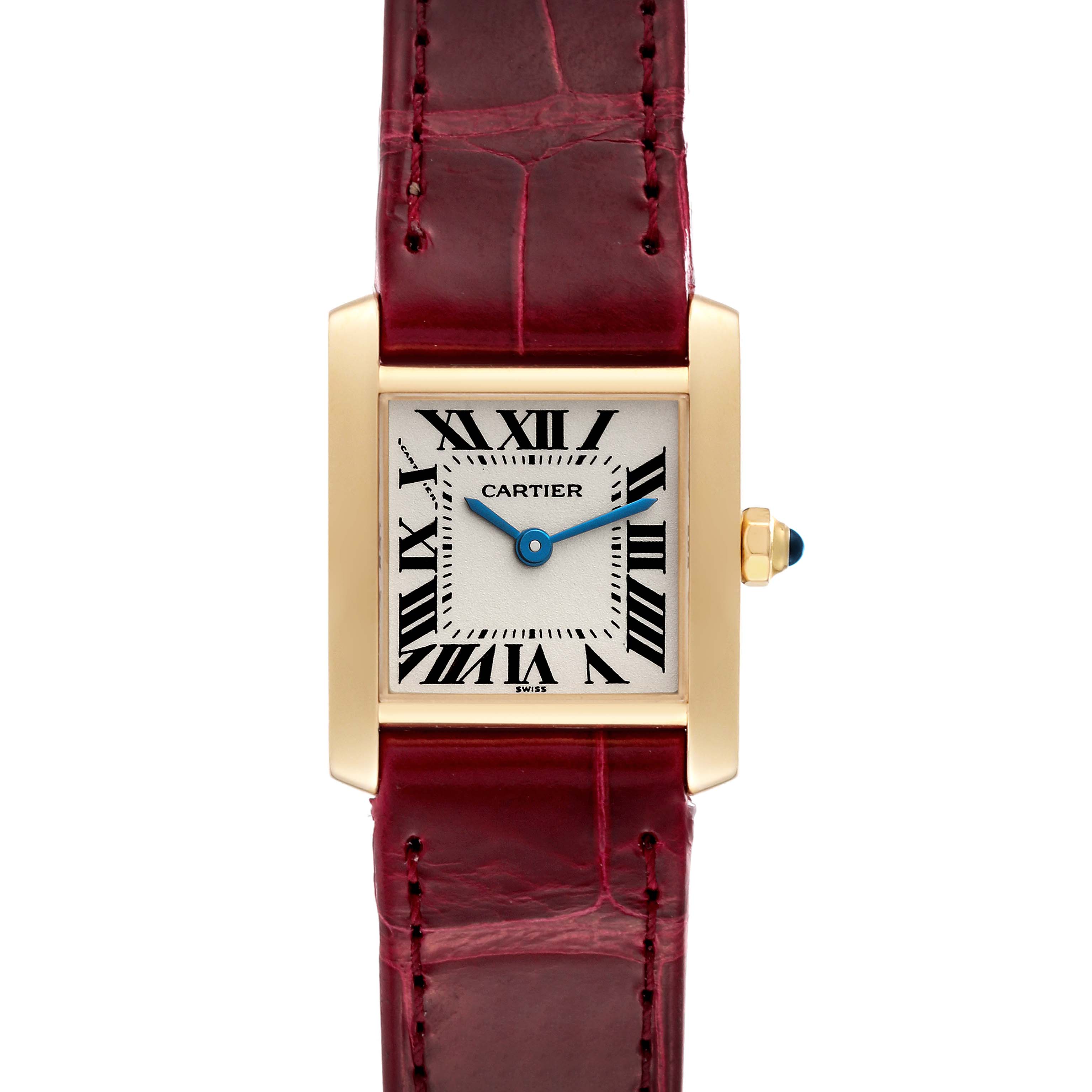 This is a front view of the Cartier Tank Francaise W5000256 Women's Yellow Gold Silver Dial W5000256 Women's Yellow Gold Silver Dial model watch, showing the face, case, and part of the leather strap.