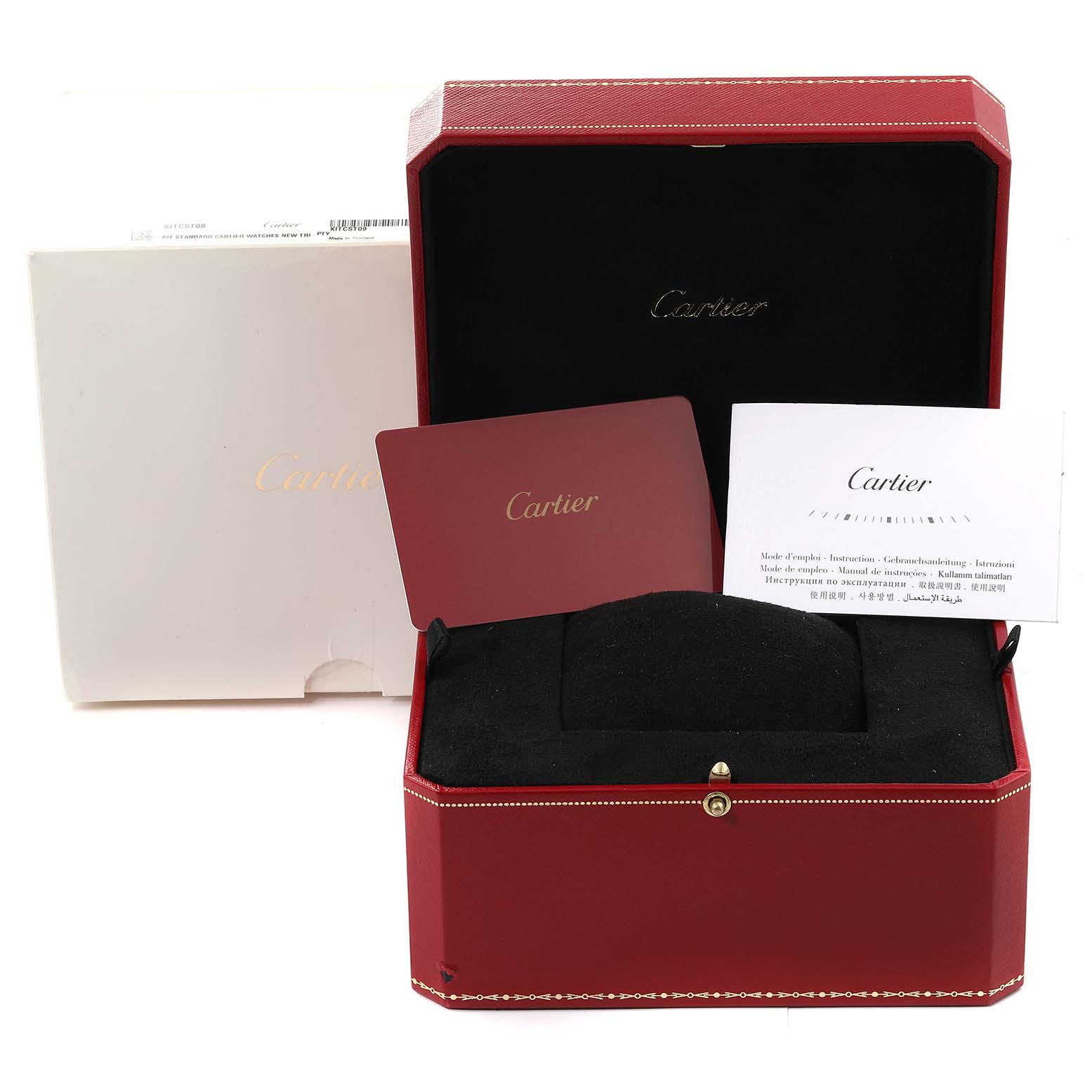 This image shows a Cartier Tank MC W5330003 Men
s Stainless Steel Silver Dial W5330003 Men
s Stainless Steel Silver Dial watch case with accompanying documentation in a red Cartier box.