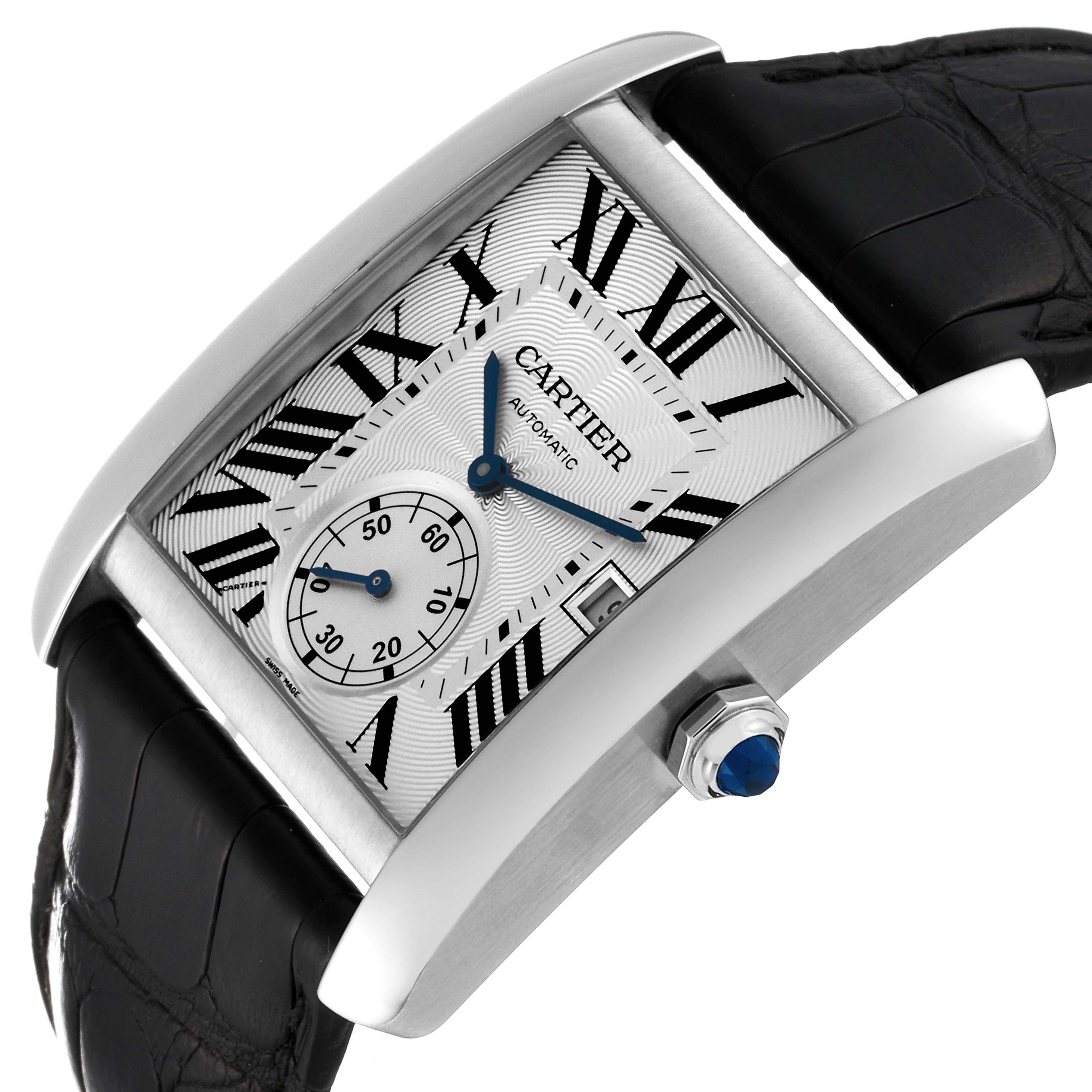 The image shows a Cartier Tank MC W5330003 Men
s Stainless Steel Silver Dial W5330003 Men
s Stainless Steel Silver Dial watch at an angle highlighting its face, crown, and part of the black strap.
