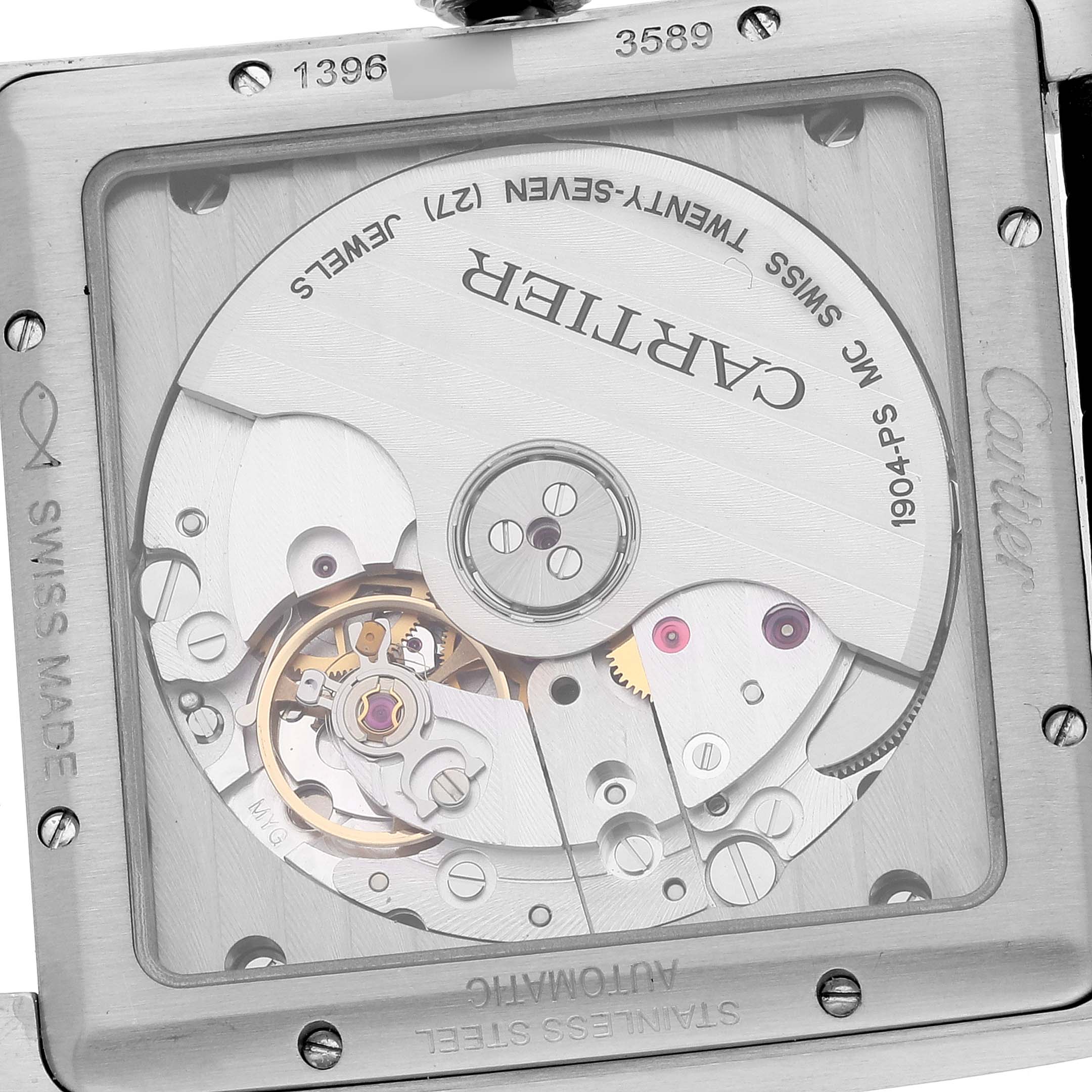 The image shows the back view of the Cartier Tank MC W5330003 Men
s Stainless Steel Silver Dial W5330003 Men
s Stainless Steel Silver Dial watch, focusing on its mechanical movement.