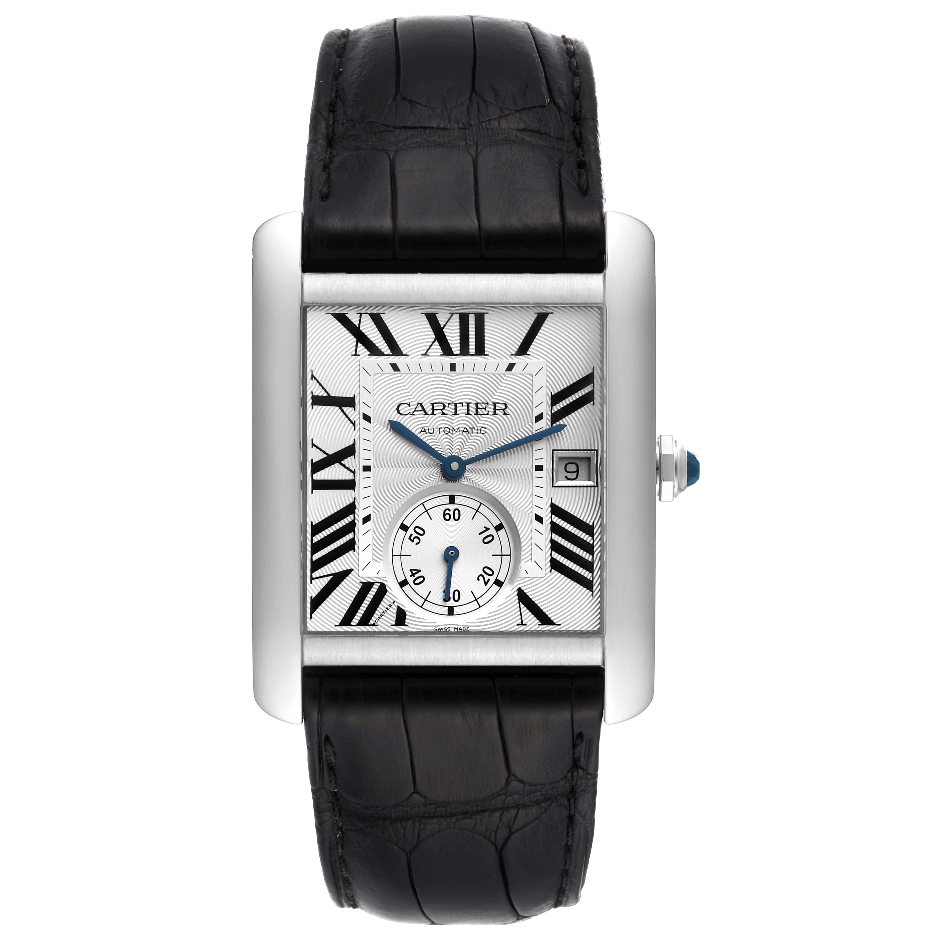 The image shows a top-down view of the Cartier Tank MC W5330003 Men
s Stainless Steel Silver Dial W5330003 Men
s Stainless Steel Silver Dial watch, displaying the dial, Roman numerals, subdial, and leather strap.