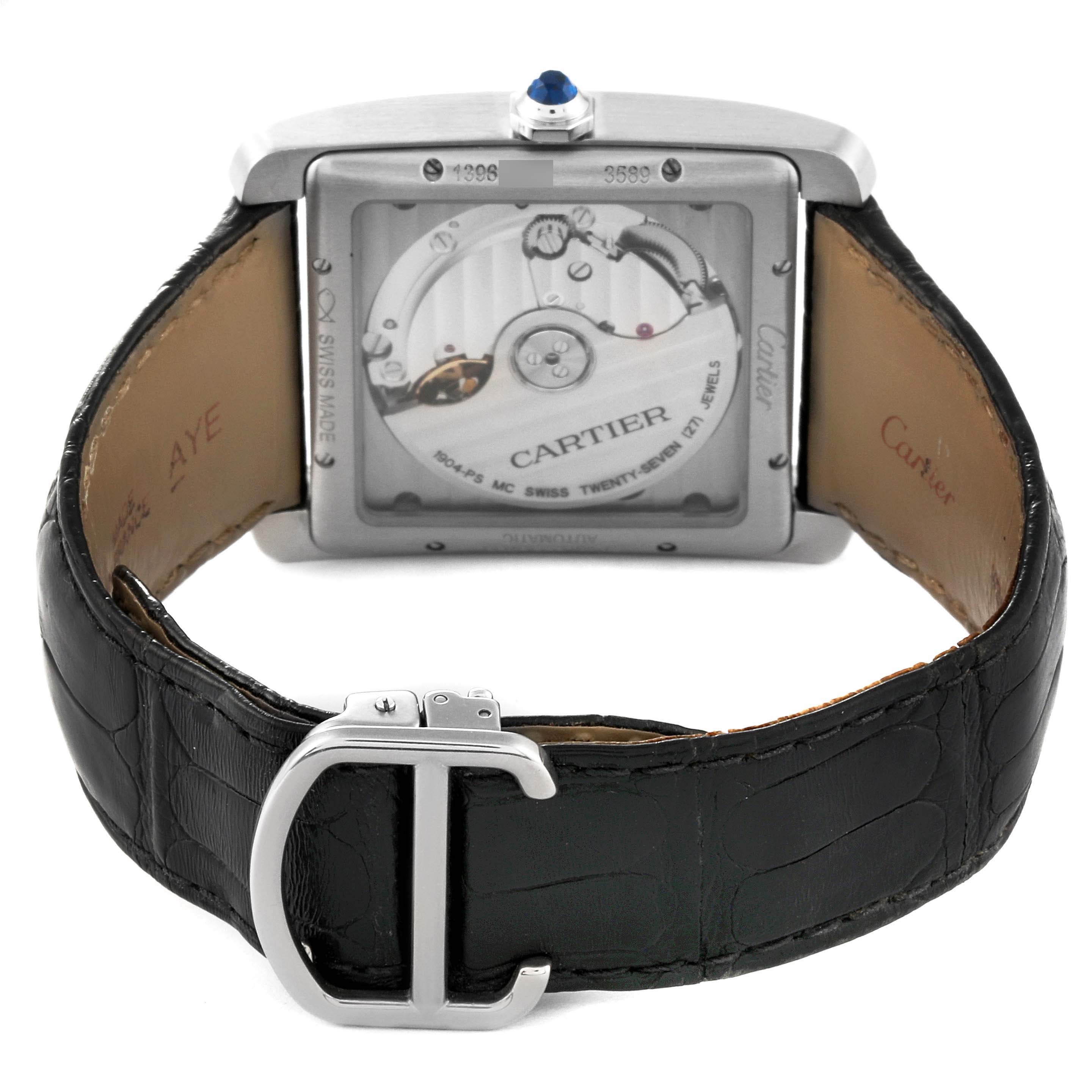 This image shows the back view of the Cartier Tank MC W5330003 Men
s Stainless Steel Silver Dial W5330003 Men
s Stainless Steel Silver Dial watch, highlighting its case back, movement, and leather strap with buckle.