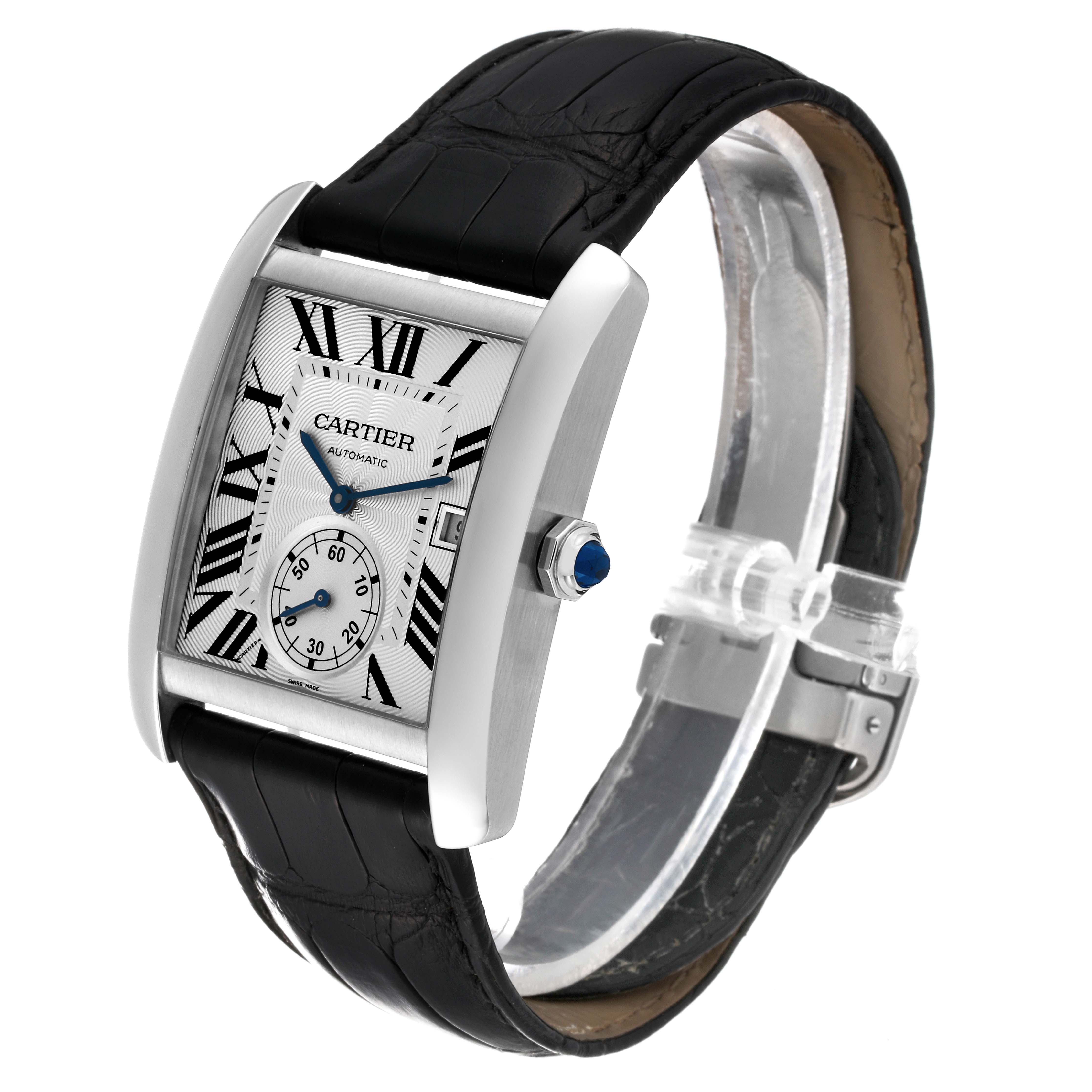 The image shows a Cartier Tank MC W5330003 Men
s Stainless Steel Silver Dial W5330003 Men
s Stainless Steel Silver Dial watch at a slight angle, highlighting its face, crown, and black leather strap.