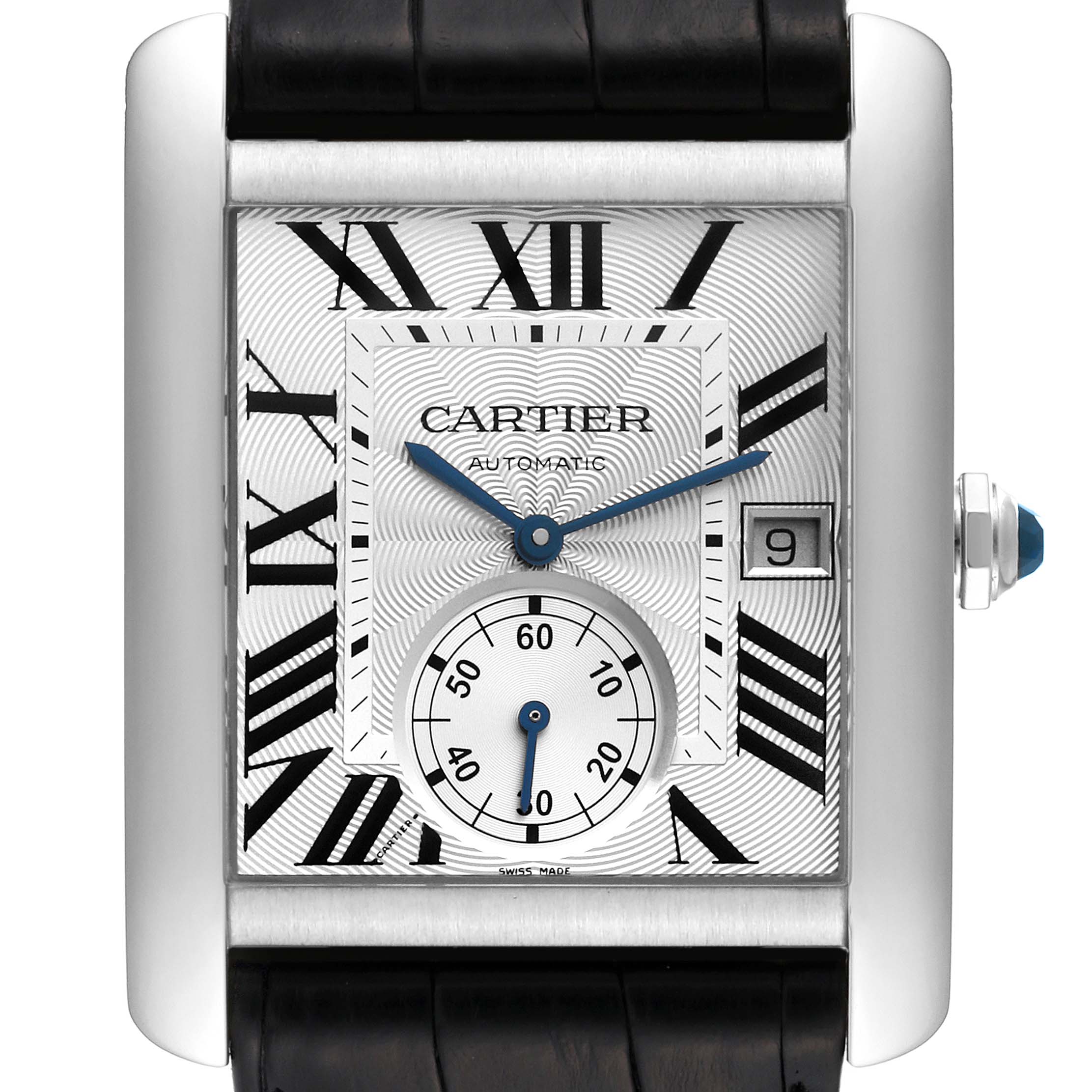 The image shows a frontal view of the Cartier Tank MC W5330003 Men
s Stainless Steel Silver Dial W5330003 Men
s Stainless Steel Silver Dial watch with the face, Roman numerals, date window, and sub-dial visible.